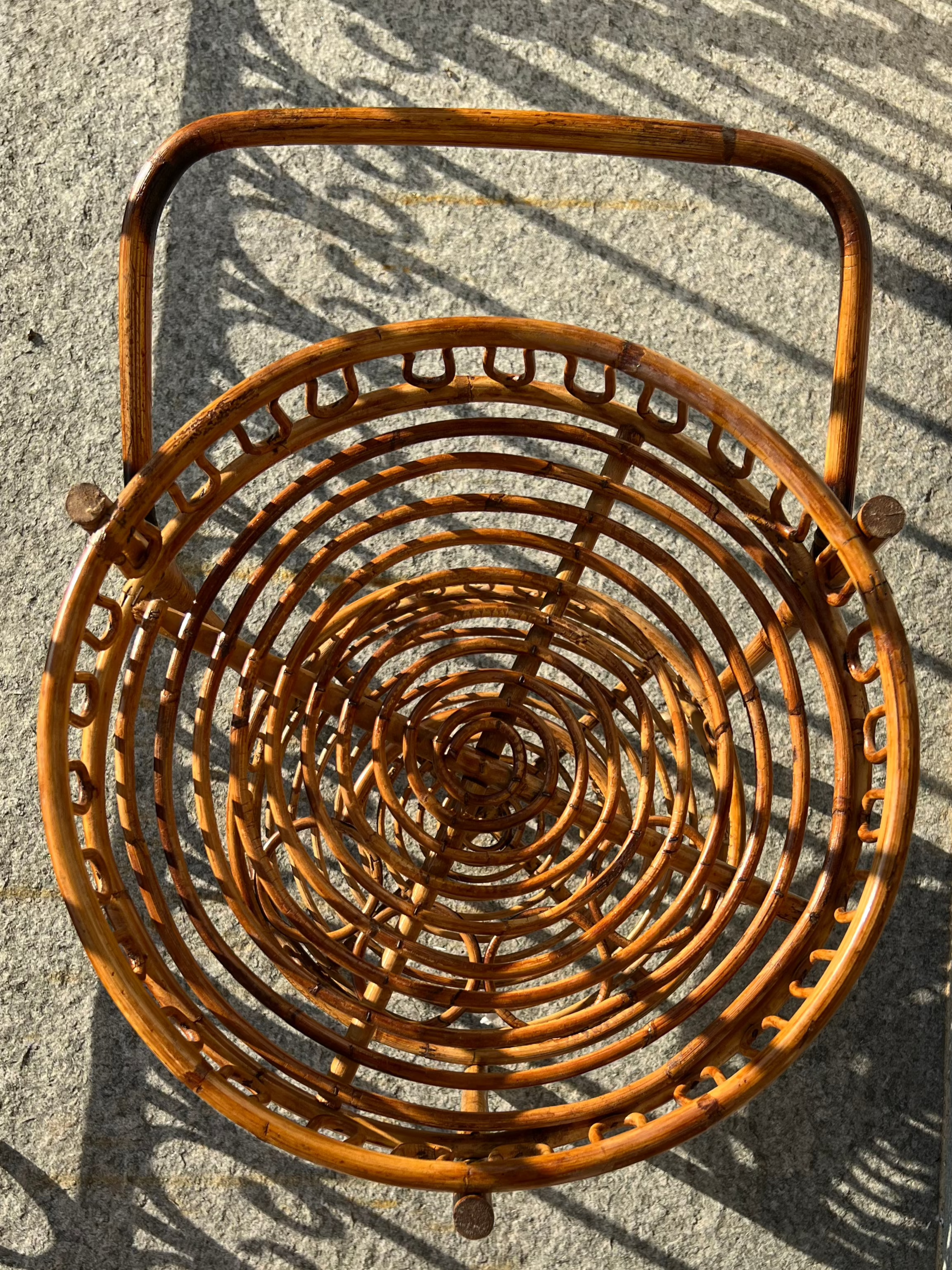 Mid-Century Round Bamboo and Rattan Serving Trolley