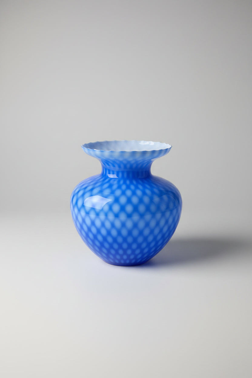 Murano Blue Art Glass Vase with Optic Pattern and Ruffled Rim, 1970s