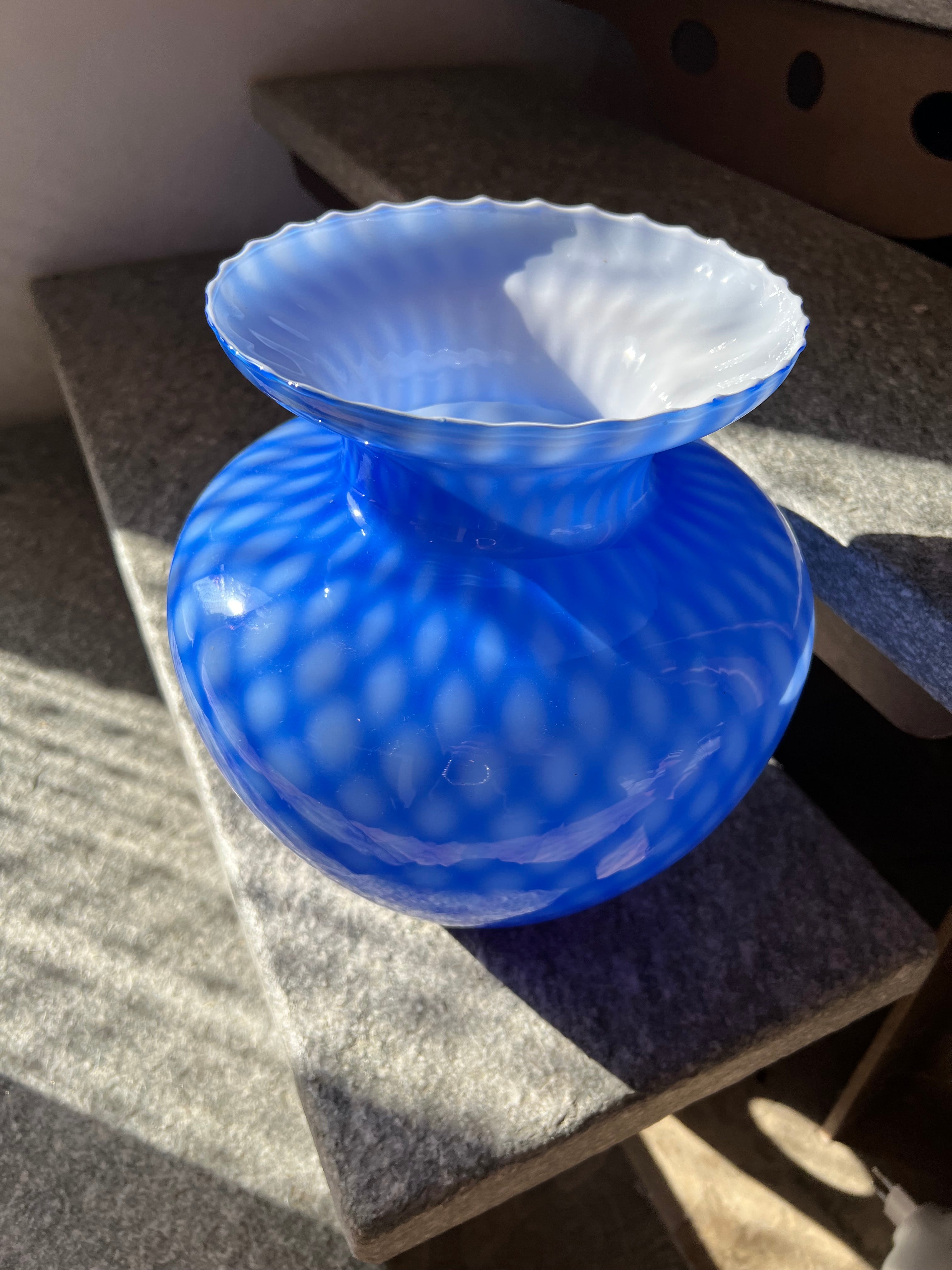 Murano Blue Art Glass Vase with Optic Pattern and Ruffled Rim, 1970s