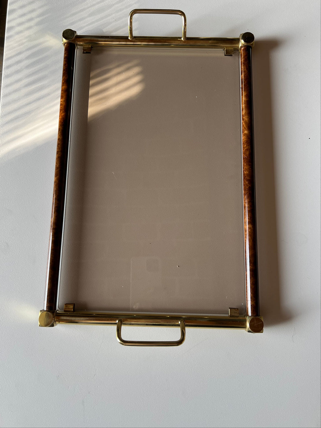 Italian smoked glass and brass serving tray, 1970s