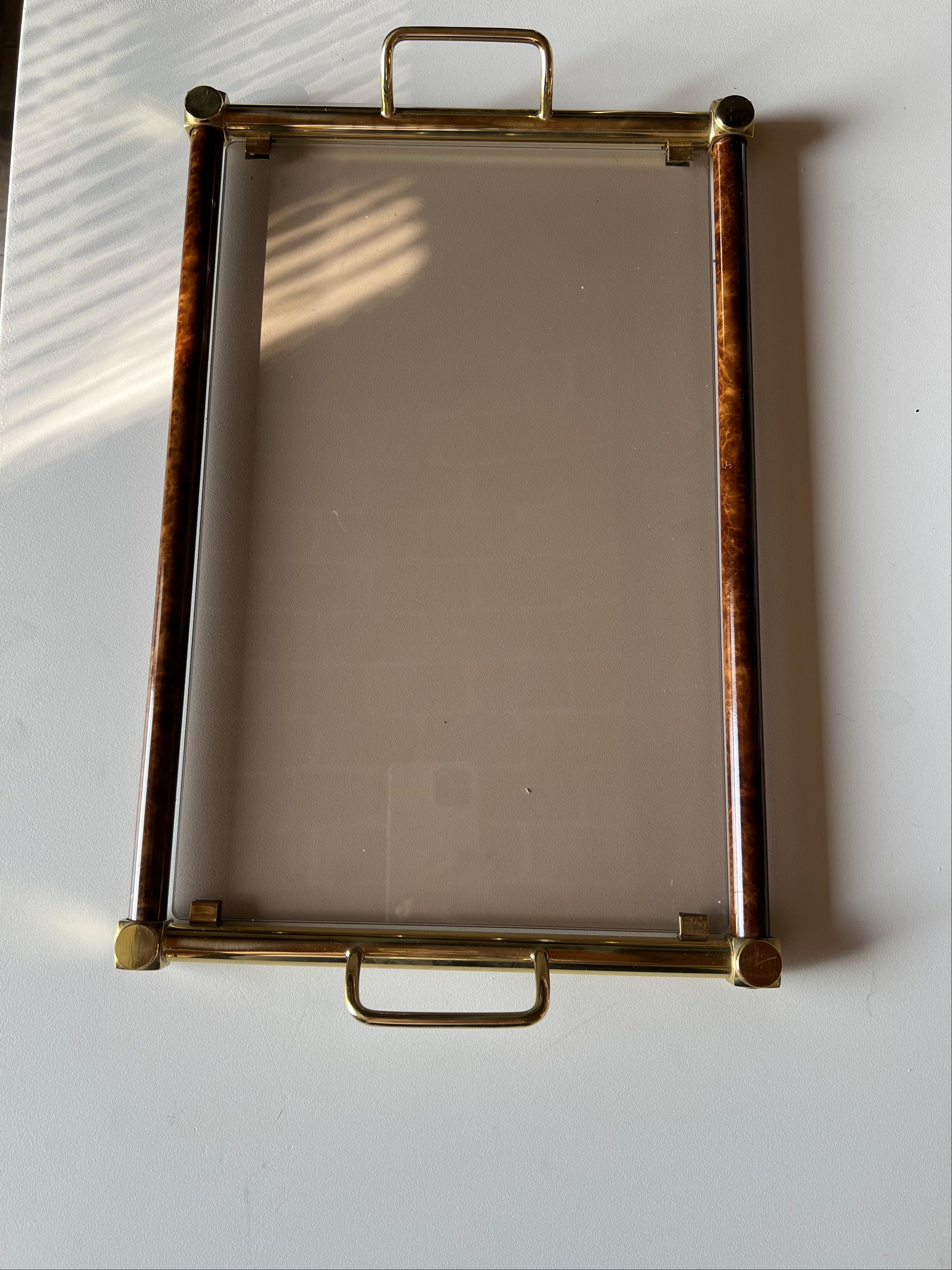 Italian smoked glass and brass serving tray, 1970s