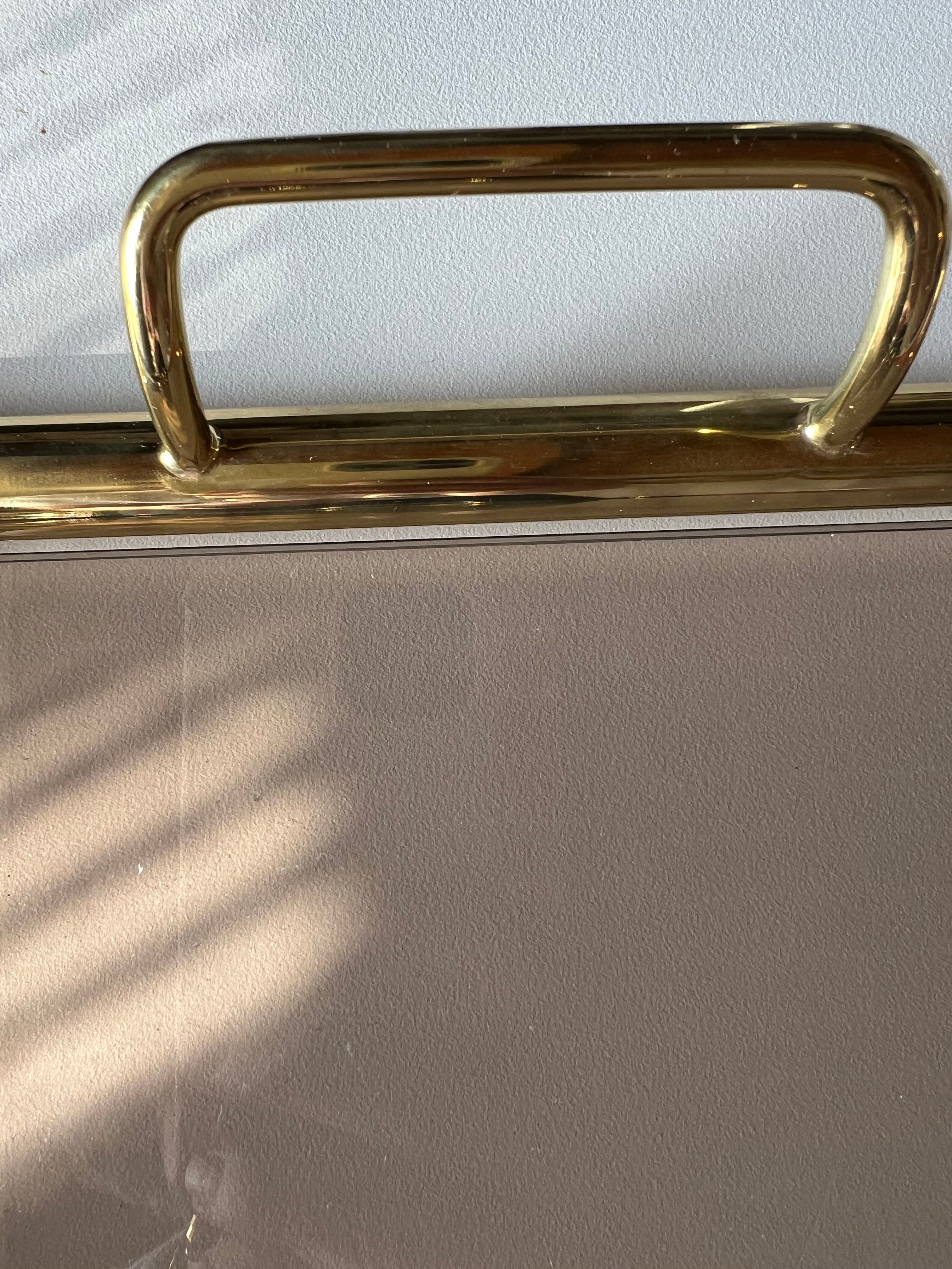 Italian smoked glass and brass serving tray, 1970s