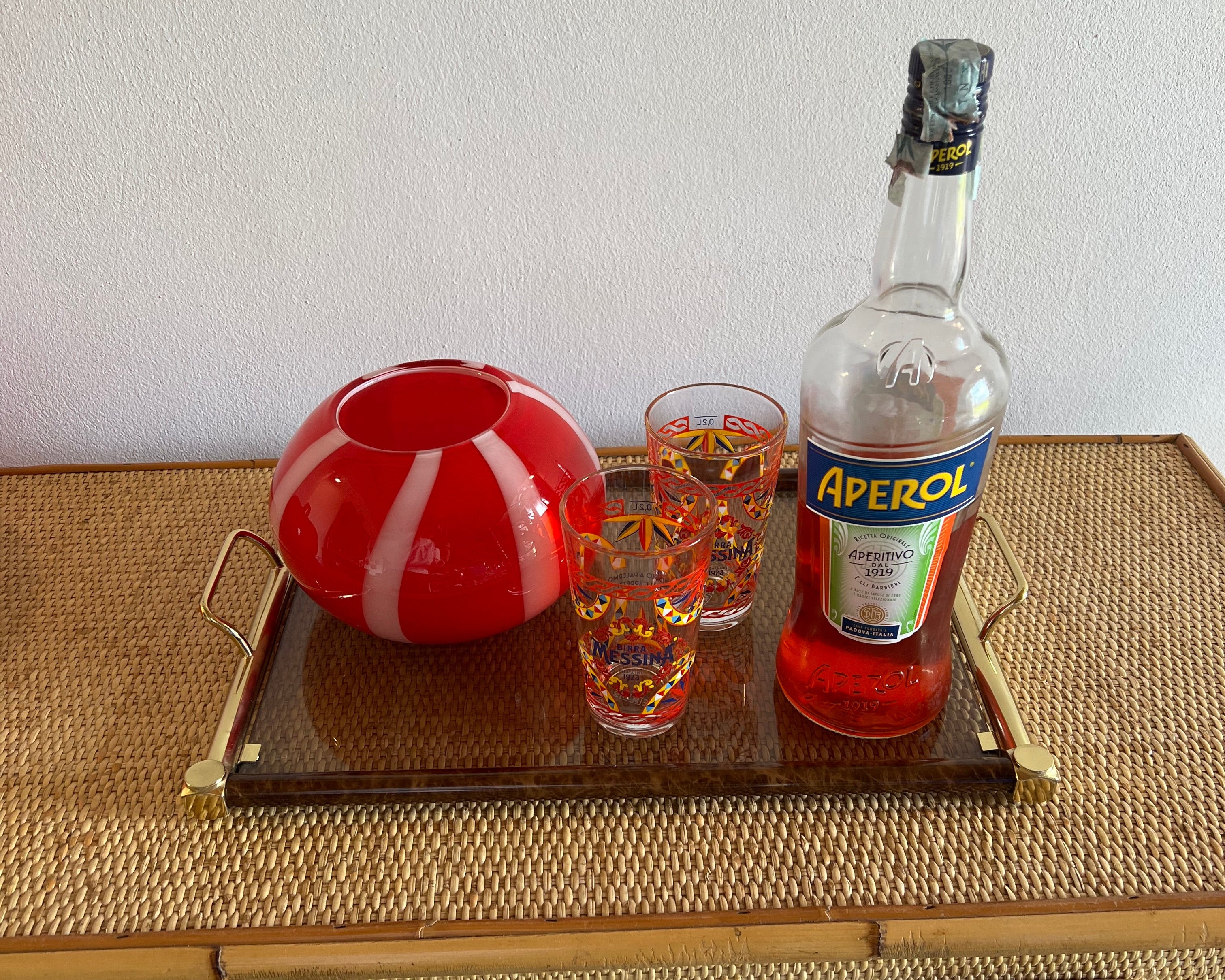 Italian smoked glass and brass serving tray, 1970s