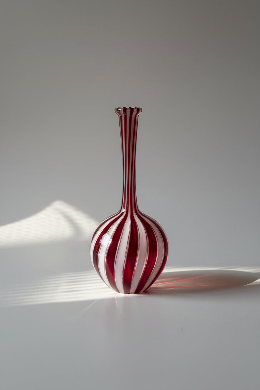 Red White and Transparent Glass Bottle Vase in the style of Gio Ponti, Italy, 1970s