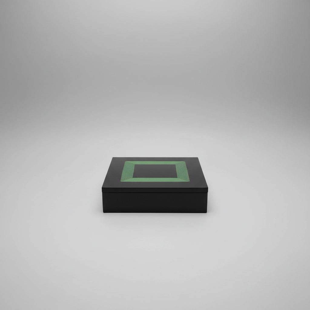 Tommaso Barbi Squared Box, Black Acrylic and Green Wood Inlay, Italy, 1970s