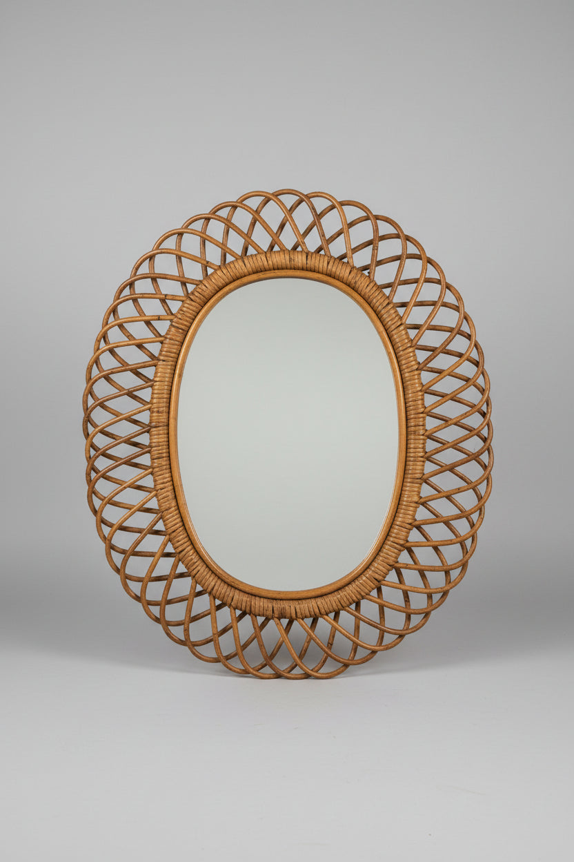 Mid-Century Modern Italian Oval Rattan and Bamboo Mirror attributed to Franco Albini