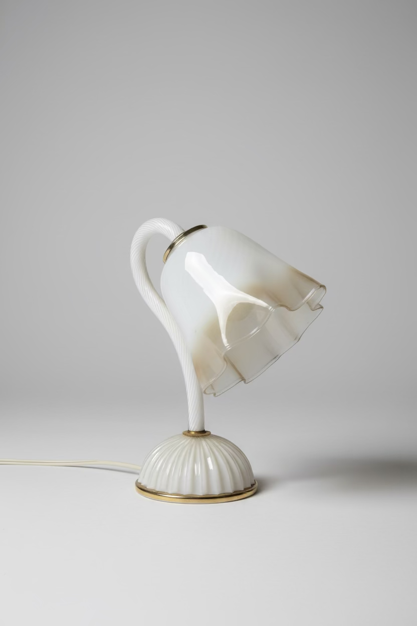 Murano Opaline Glass Table Lamp, Ribbed Body with Ruffled Shade, Italy, c.1970s