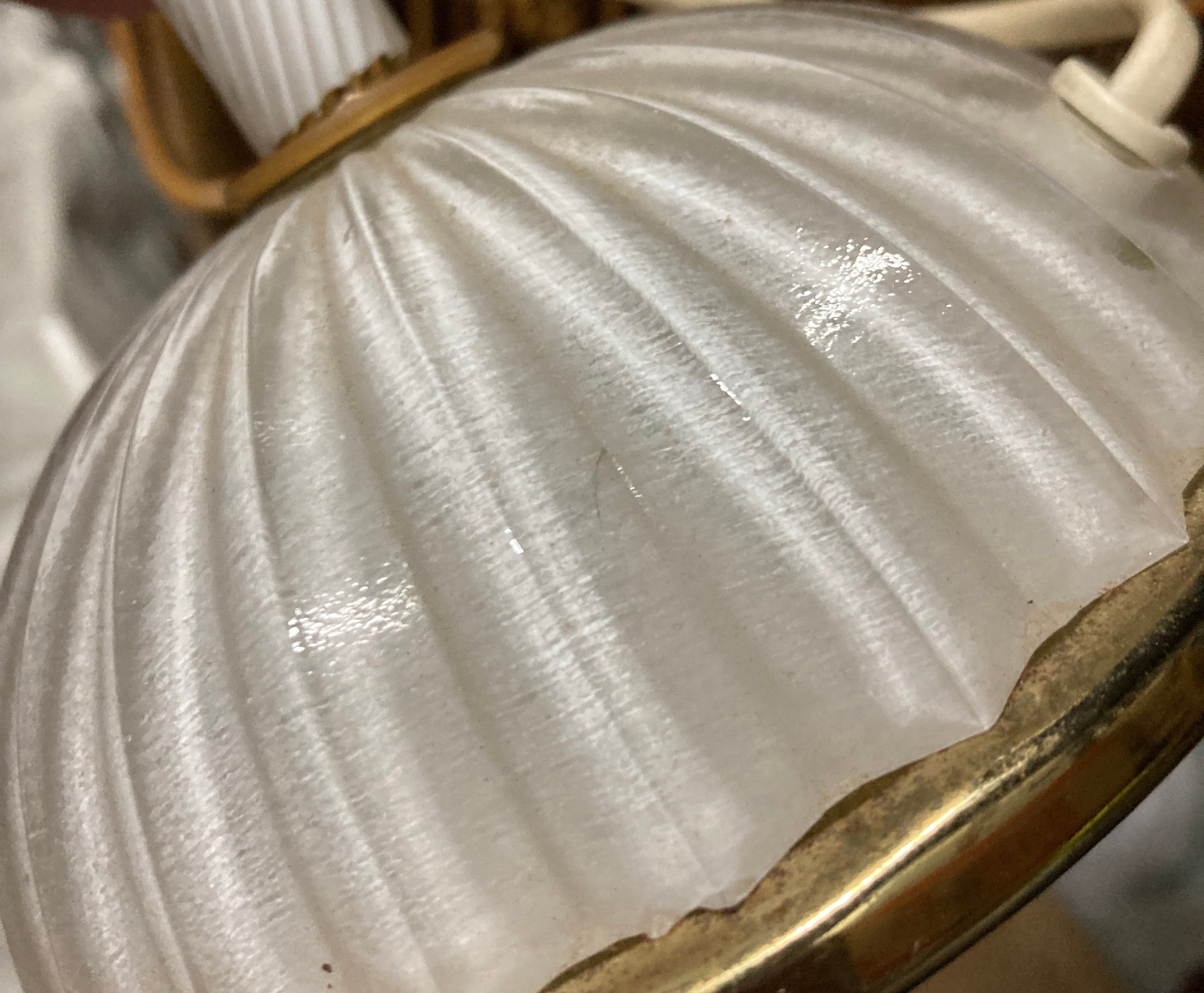 Murano Opaline Glass Table Lamp, Ribbed Body with Ruffled Shade, Italy, c.1970s