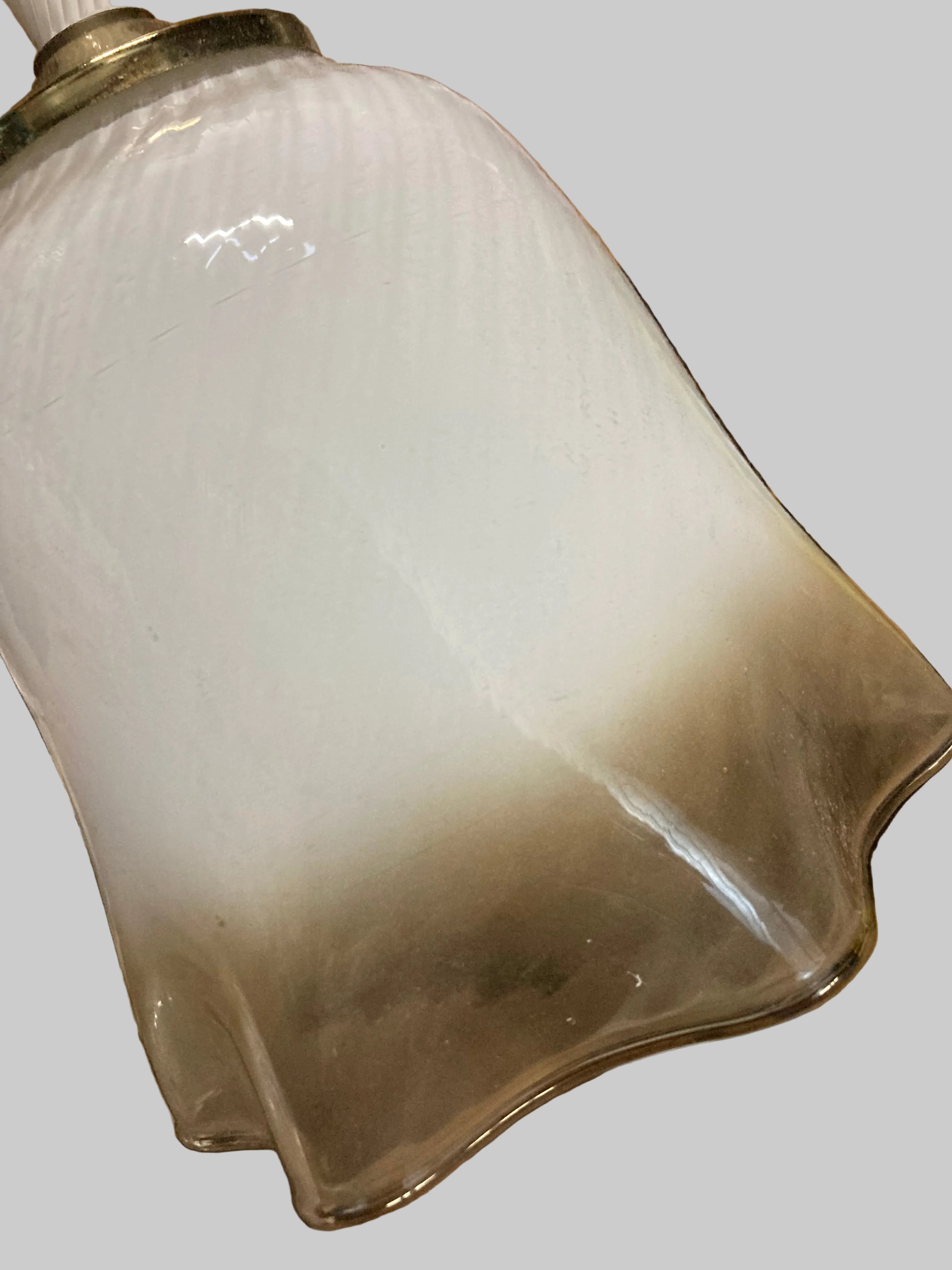 Murano Opaline Glass Table Lamp, Ribbed Body with Ruffled Shade, Italy, c.1970s