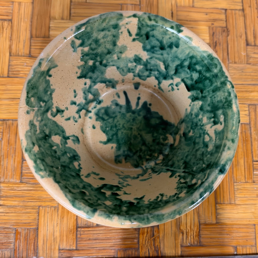 Italian Spugnato Terracotta Bowl, Green Sponged Glaze on Cream Slip, Italy, c.1950s–1970s