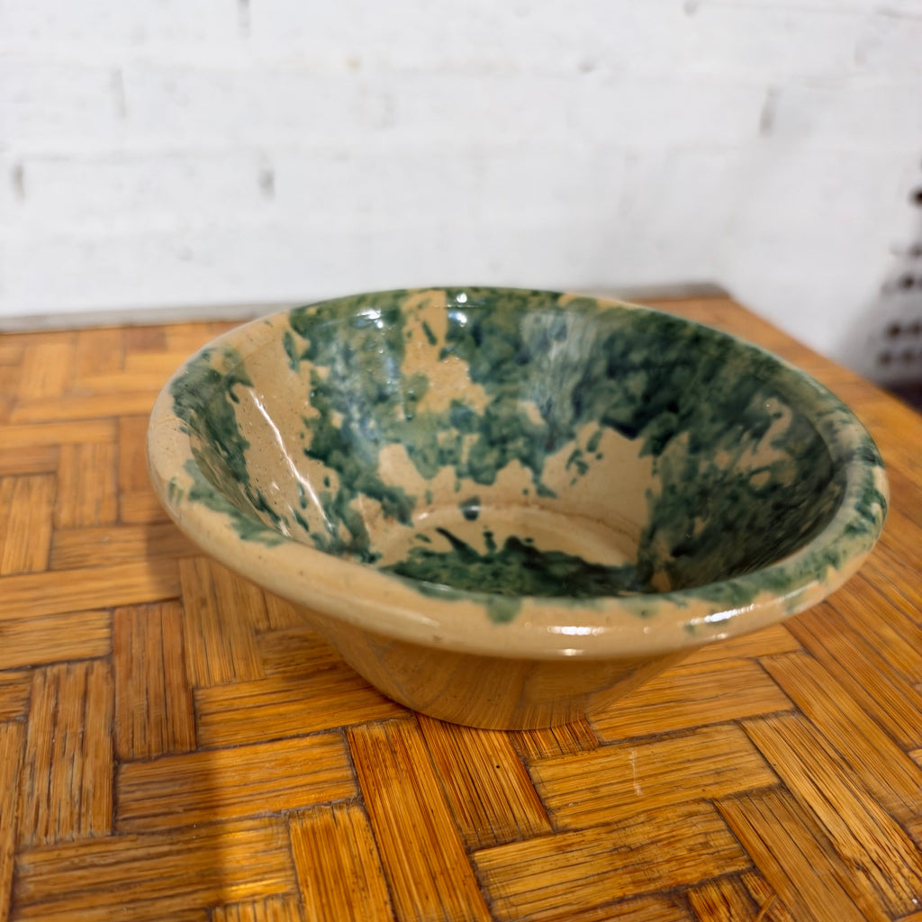 Italian Spugnato Terracotta Bowl, Green Sponged Glaze on Cream Slip, Italy, c.1950s–1970s