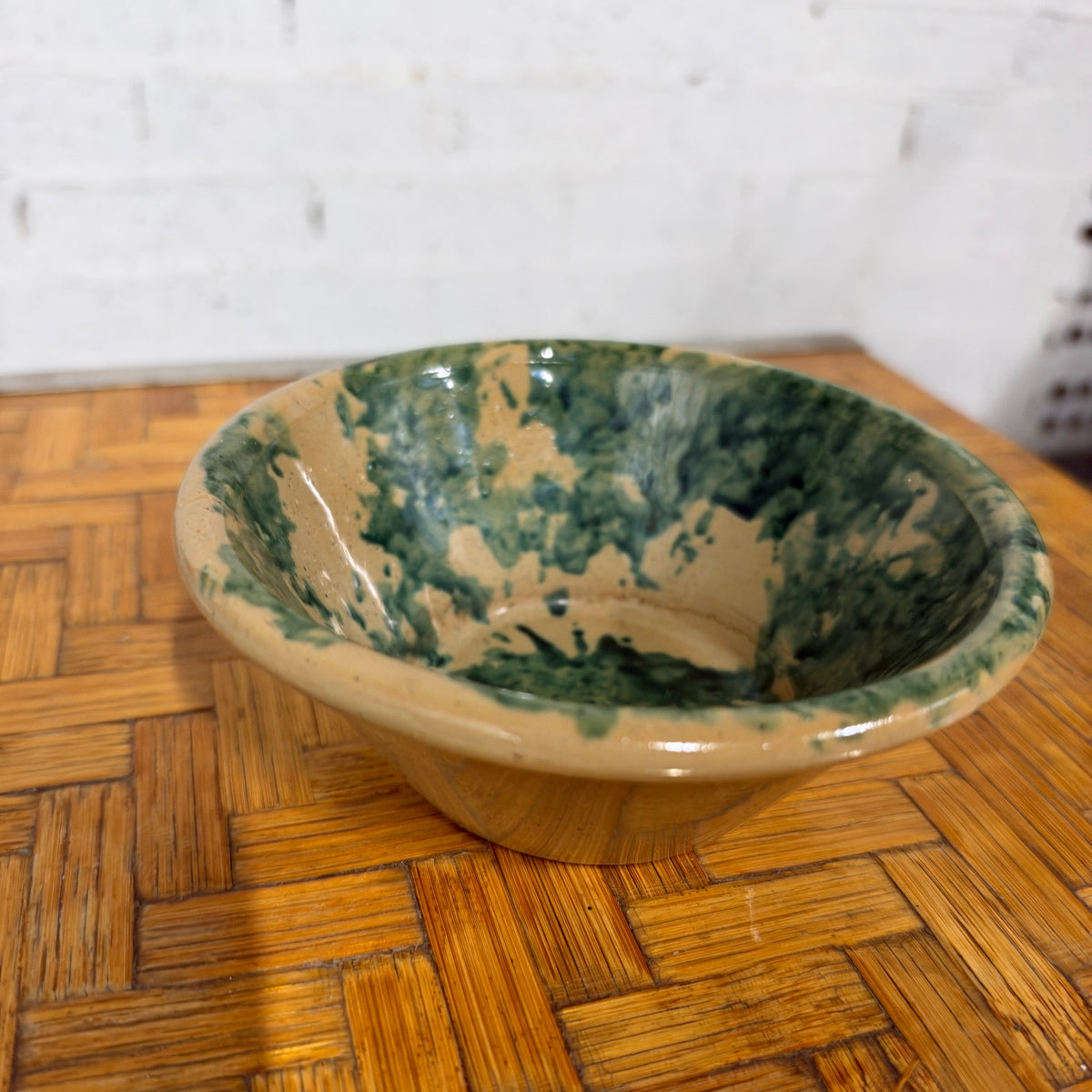 Italian Spugnato Terracotta Bowl, Green Sponged Glaze on Cream Slip, Italy, c.1950s–1970s