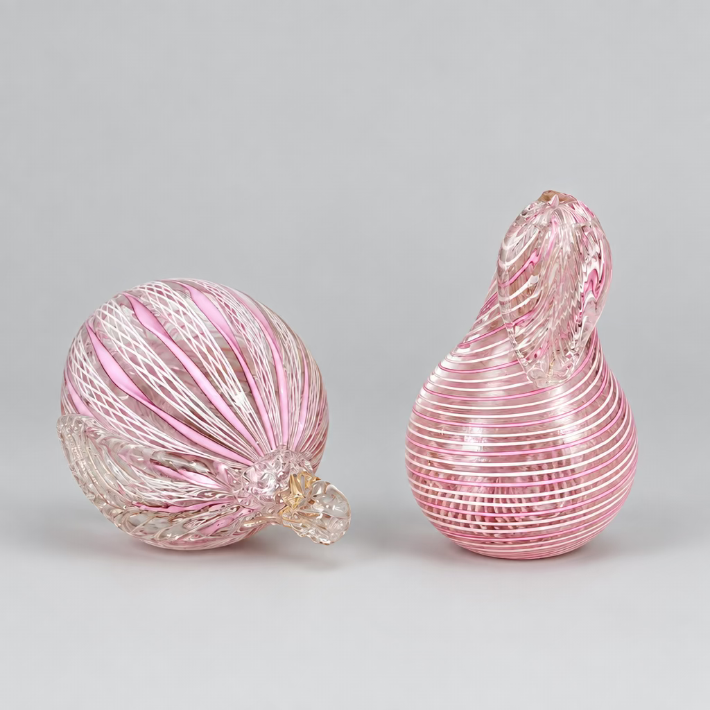 Pair of Murano Glass Fruits, Pink and White Filigrana, Lemon and Pear, Italy, c.1960s–1970s