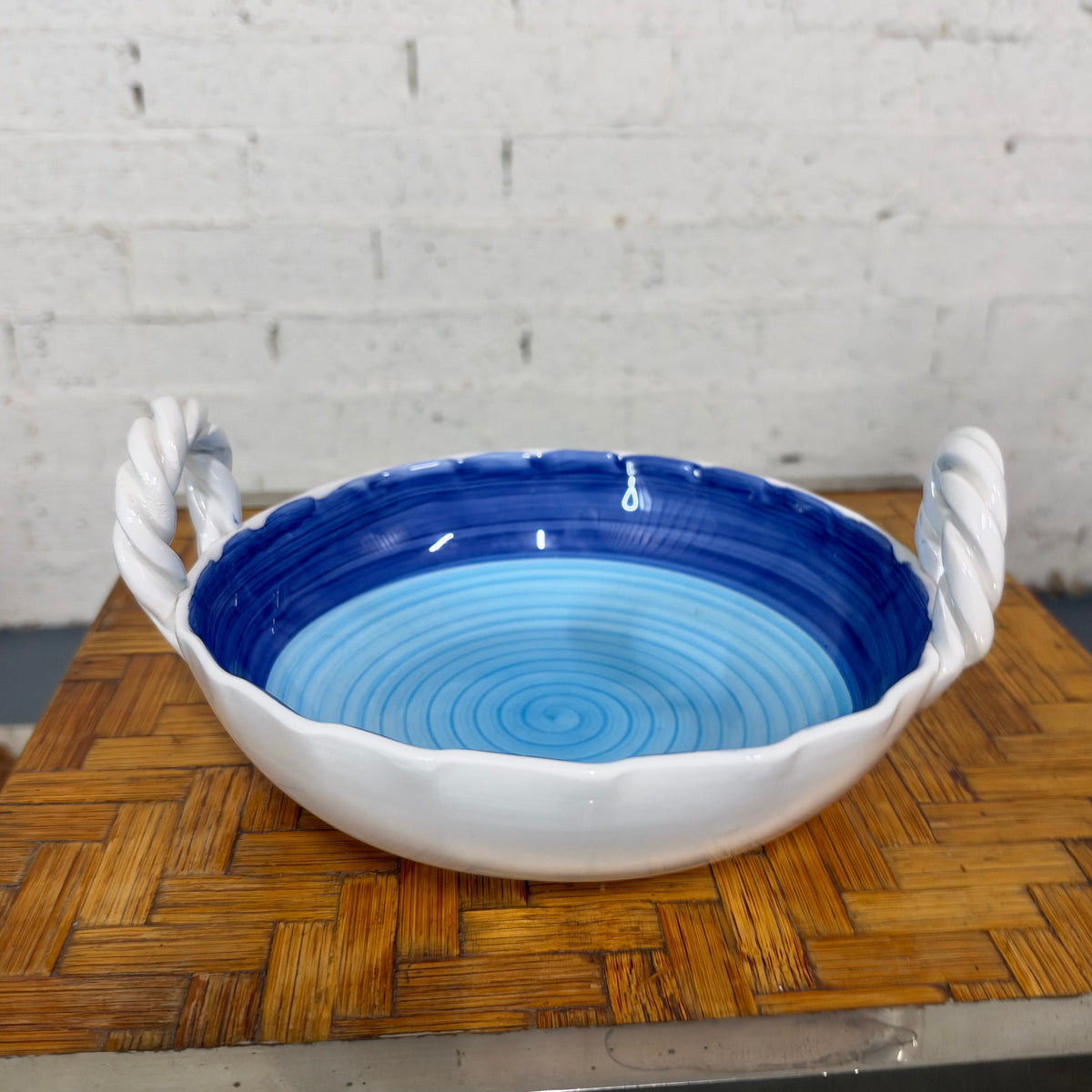 Ceramica Galba Hand-Painted Serving Bowl, Blue Spiral with Twisted Rope Handles, Italy, c.1990s