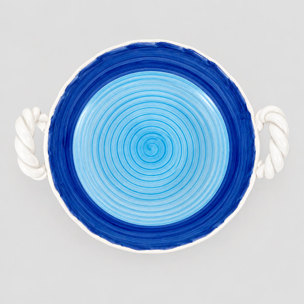Ceramica Galba Hand-Painted Serving Bowl, Blue Spiral with Twisted Rope Handles, Italy, c.1990s