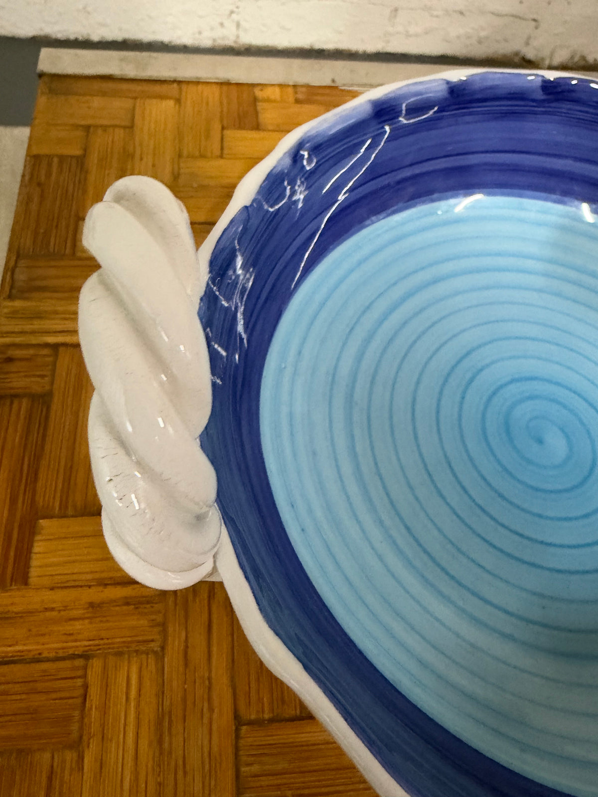 Ceramica Galba Hand-Painted Serving Bowl, Blue Spiral with Twisted Rope Handles, Italy, c.1990s
