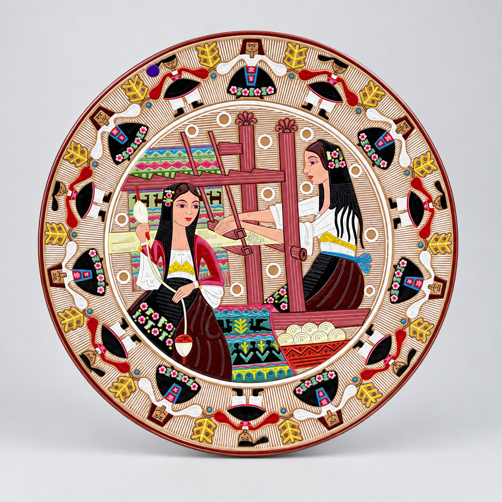 Large Sardinian Hand-Painted Ceramic Charger, Spinner and Weaver with Ballo Sardo Border, Italy, c.1960s–1970s