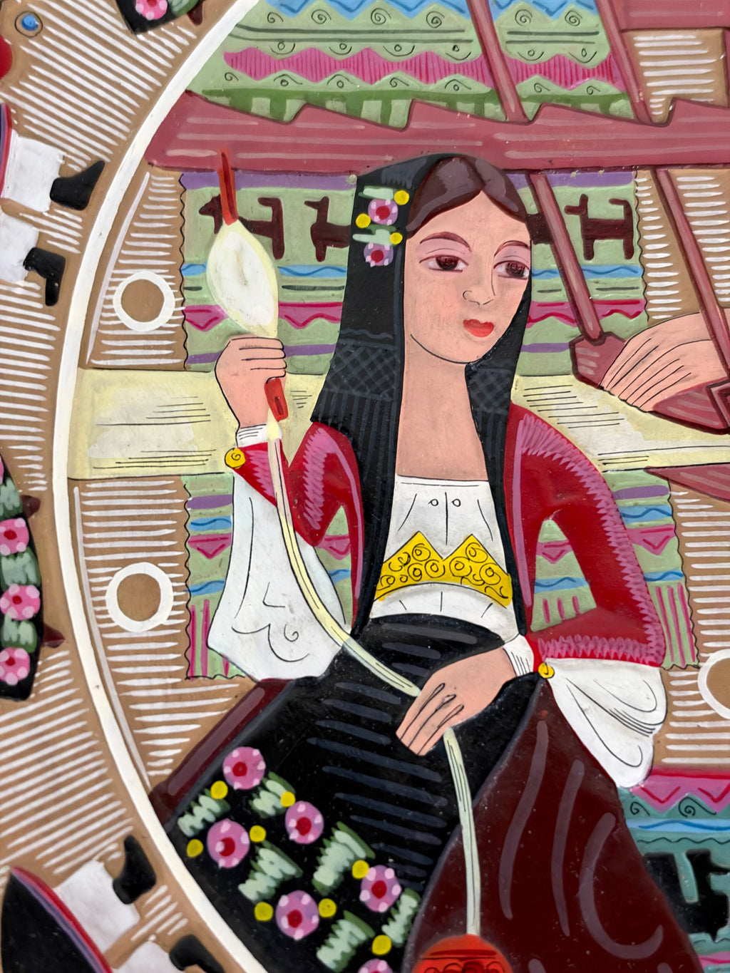 Large Sardinian Hand-Painted Ceramic Charger, Spinner and Weaver with Ballo Sardo Border, Italy, c.1960s–1970s
