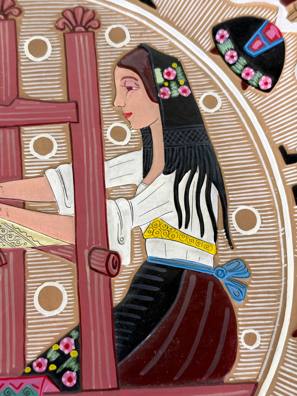 Large Sardinian Hand-Painted Ceramic Charger, Spinner and Weaver with Ballo Sardo Border, Italy, c.1960s–1970s