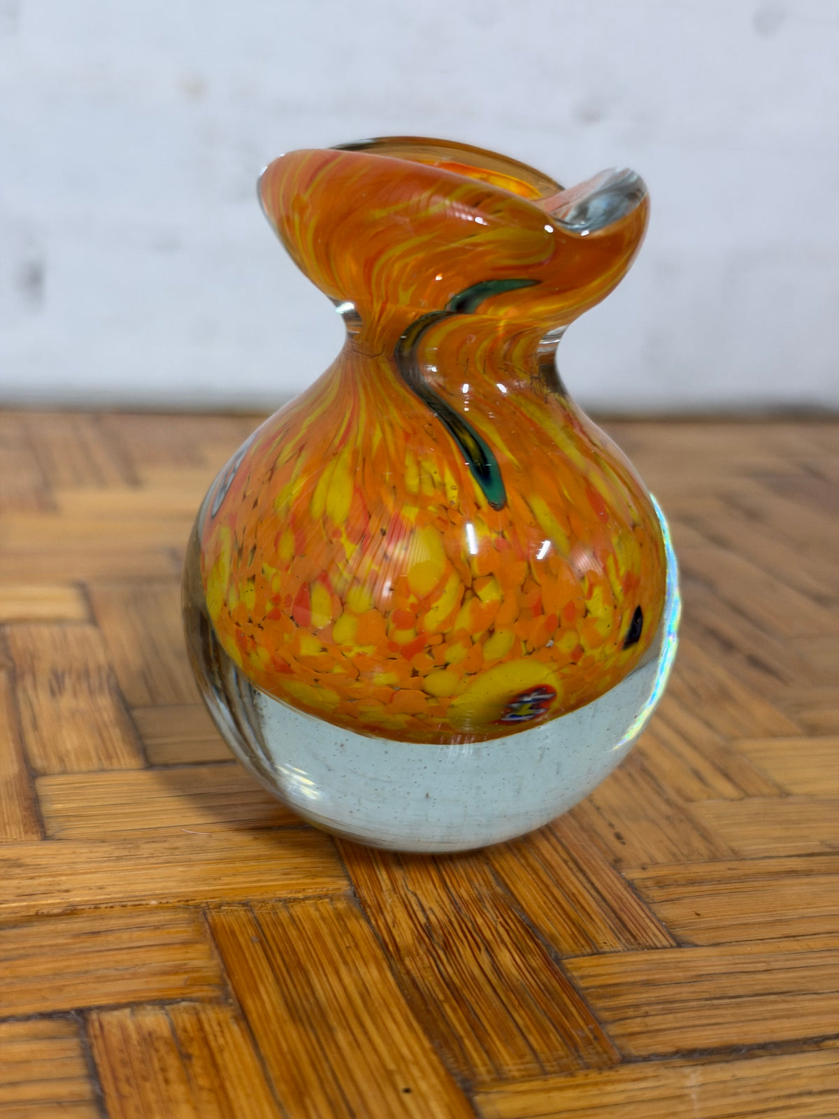 Small Murano Glass Vase, Orange and Yellow with Millefiori Murrine, Italy, c.1960s–1970s