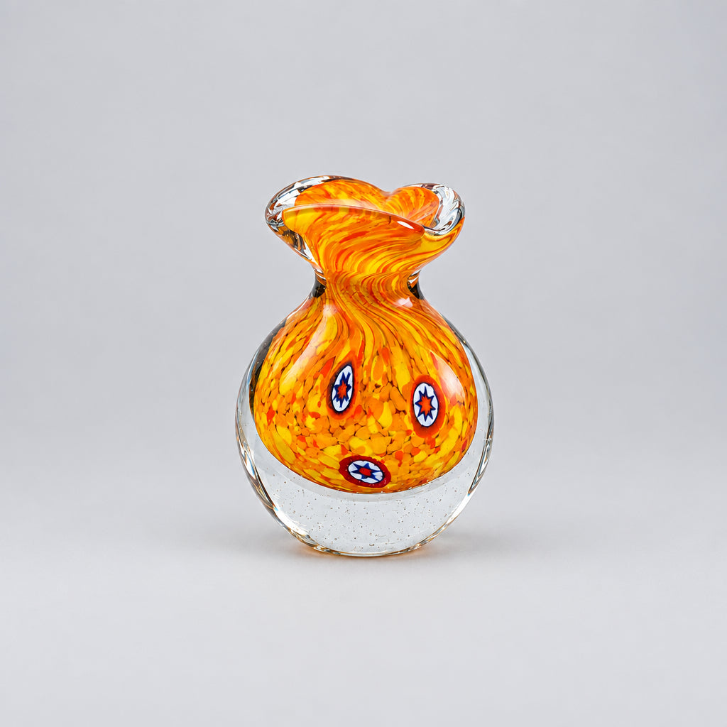 Small Murano Glass Vase, Orange and Yellow with Millefiori Murrine, Italy, c.1960s–1970s