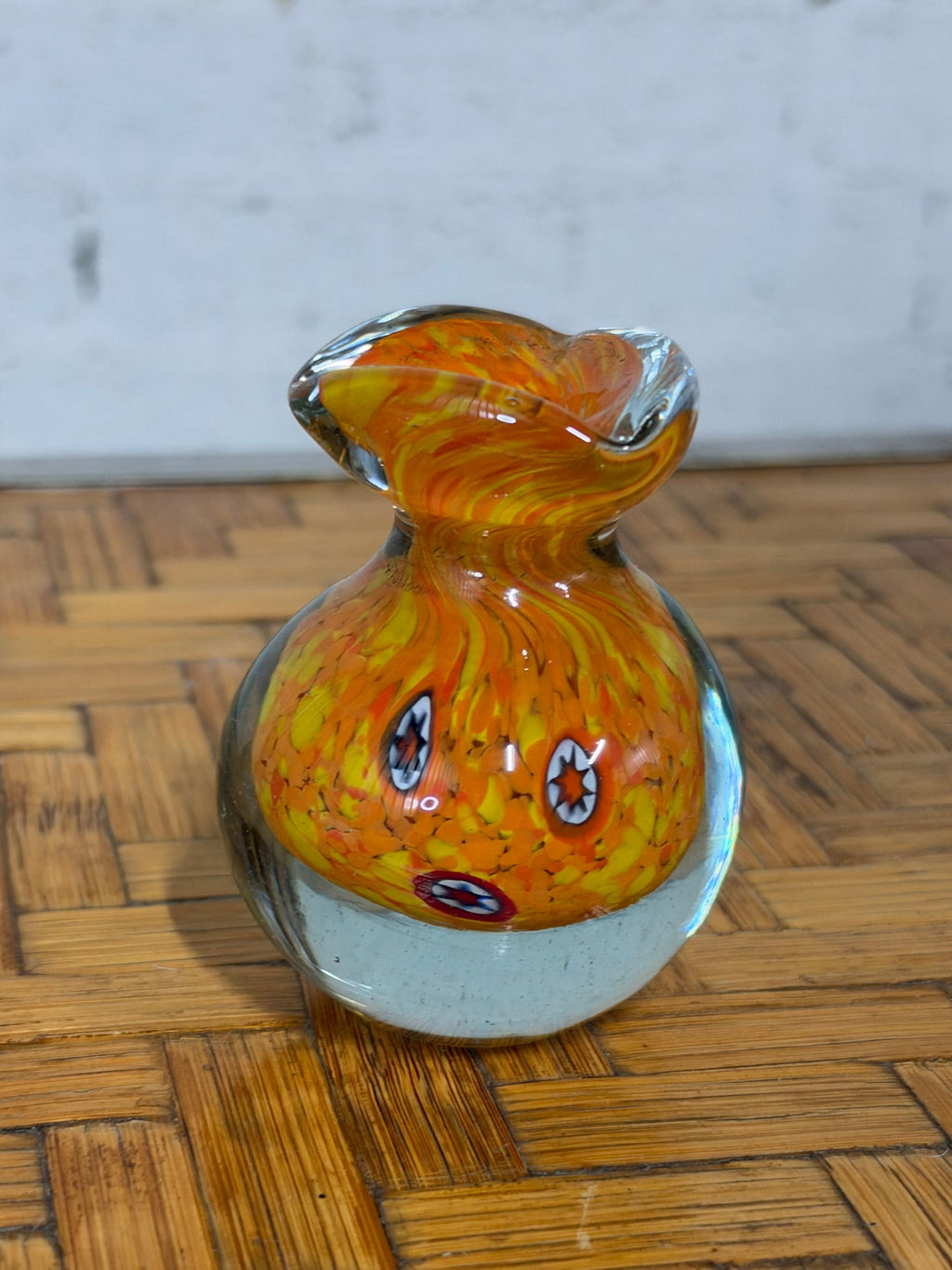 Small Murano Glass Vase, Orange and Yellow with Millefiori Murrine, Italy, c.1960s–1970s