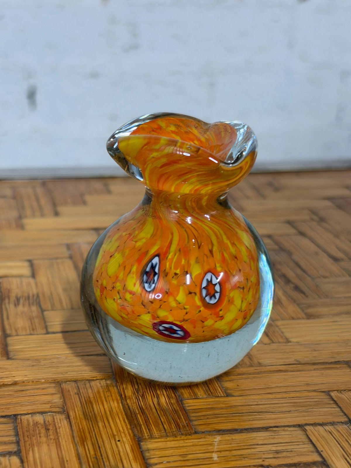 Small Murano Glass Vase, Orange and Yellow with Millefiori Murrine, Italy, c.1960s–1970s