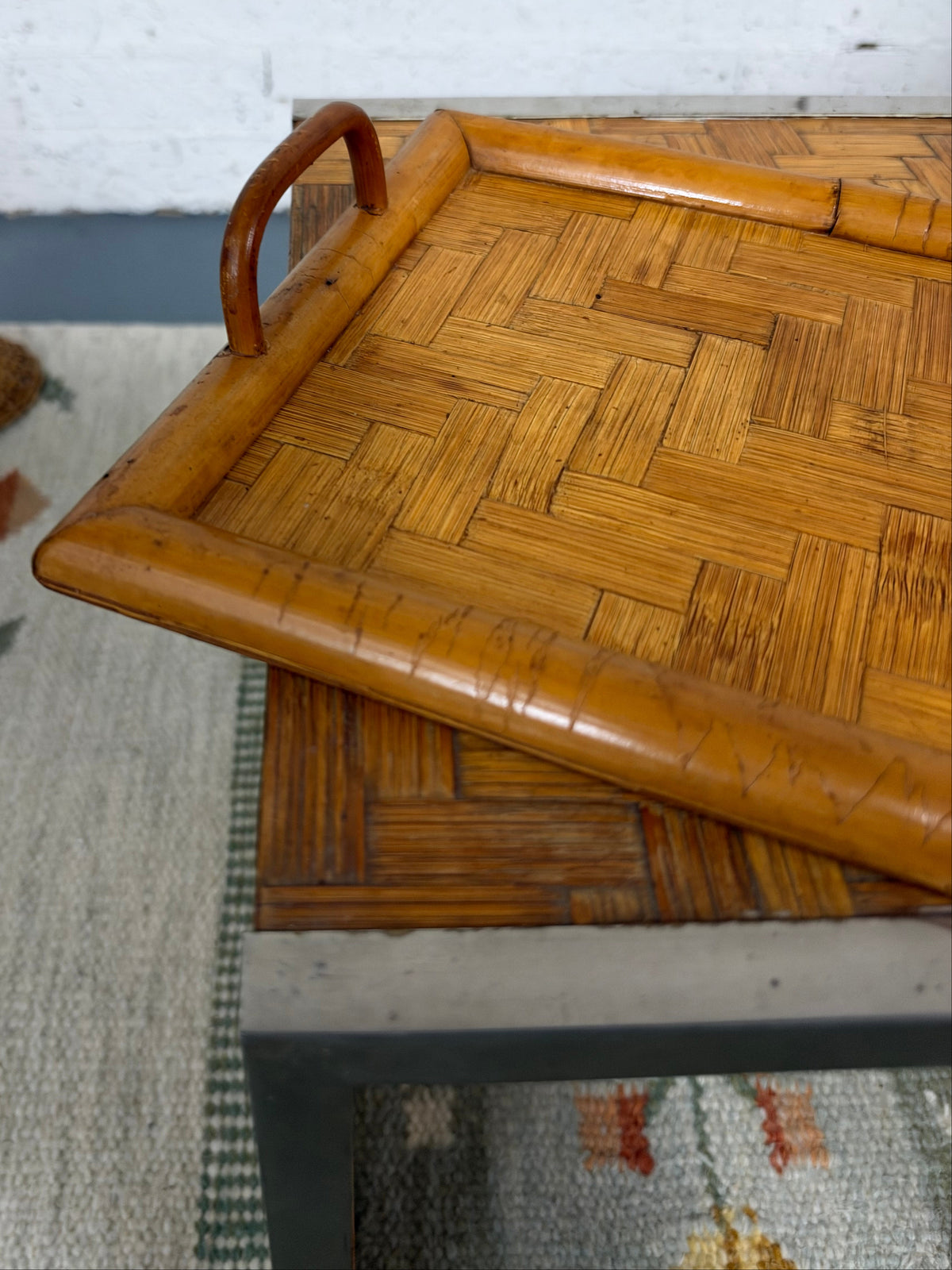 Italian Bamboo and Rattan Serving Tray, Parquet Weave with Cane Frame, Italy, c.1970s