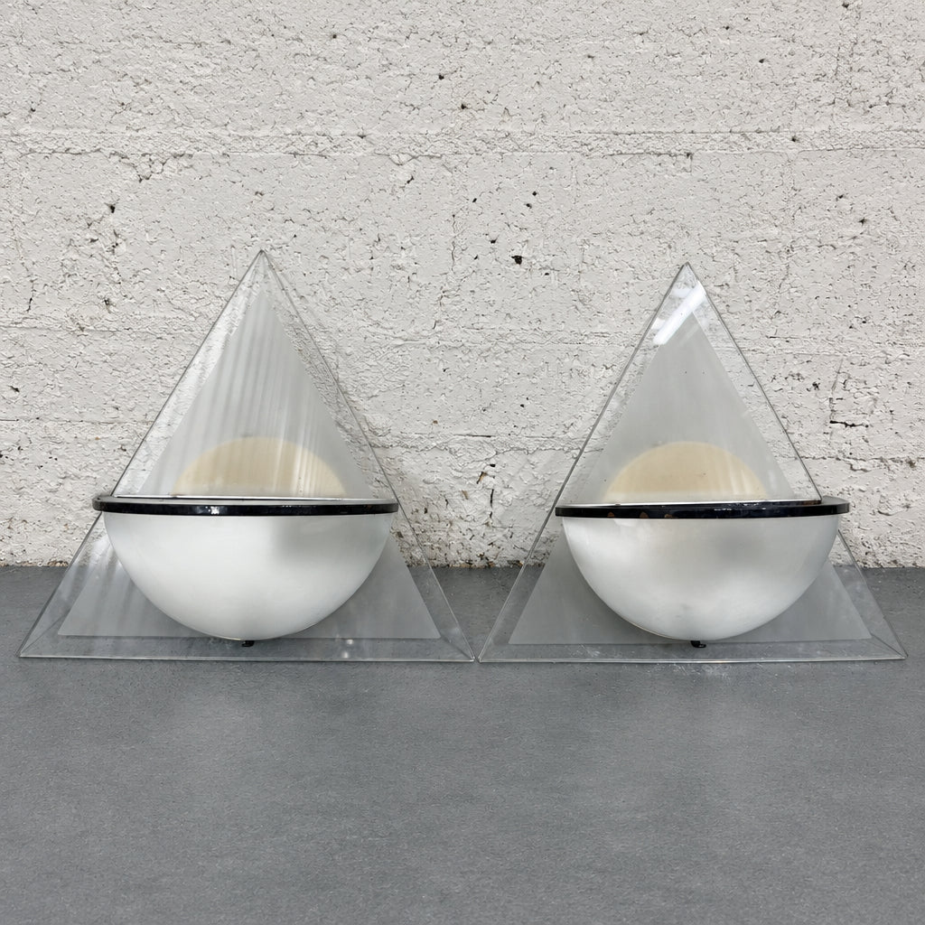 Lamperti "Illo" Wall Lights, Etched Glass and Black Metal, Pair, Italy, c.1980s