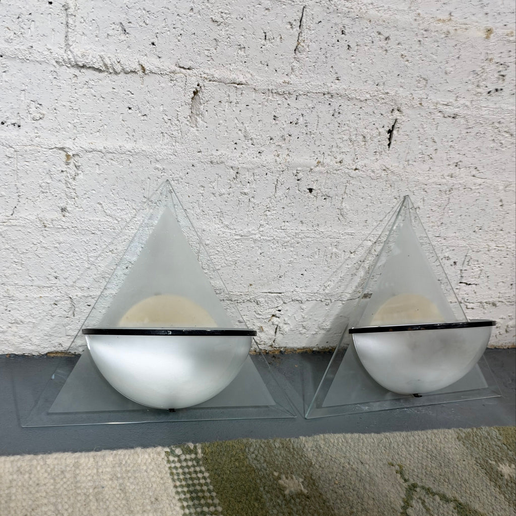 Lamperti "Illo" Wall Lights, Etched Glass and Black Metal, Pair, Italy, c.1980s