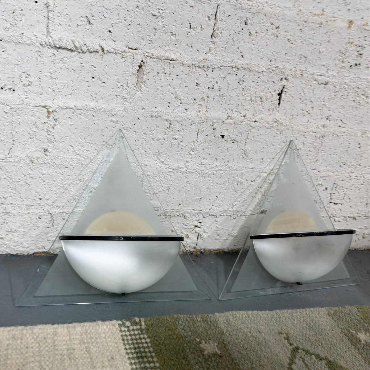Lamperti "Illo" Wall Lights, Etched Glass and Black Metal, Pair, Italy, c.1980s