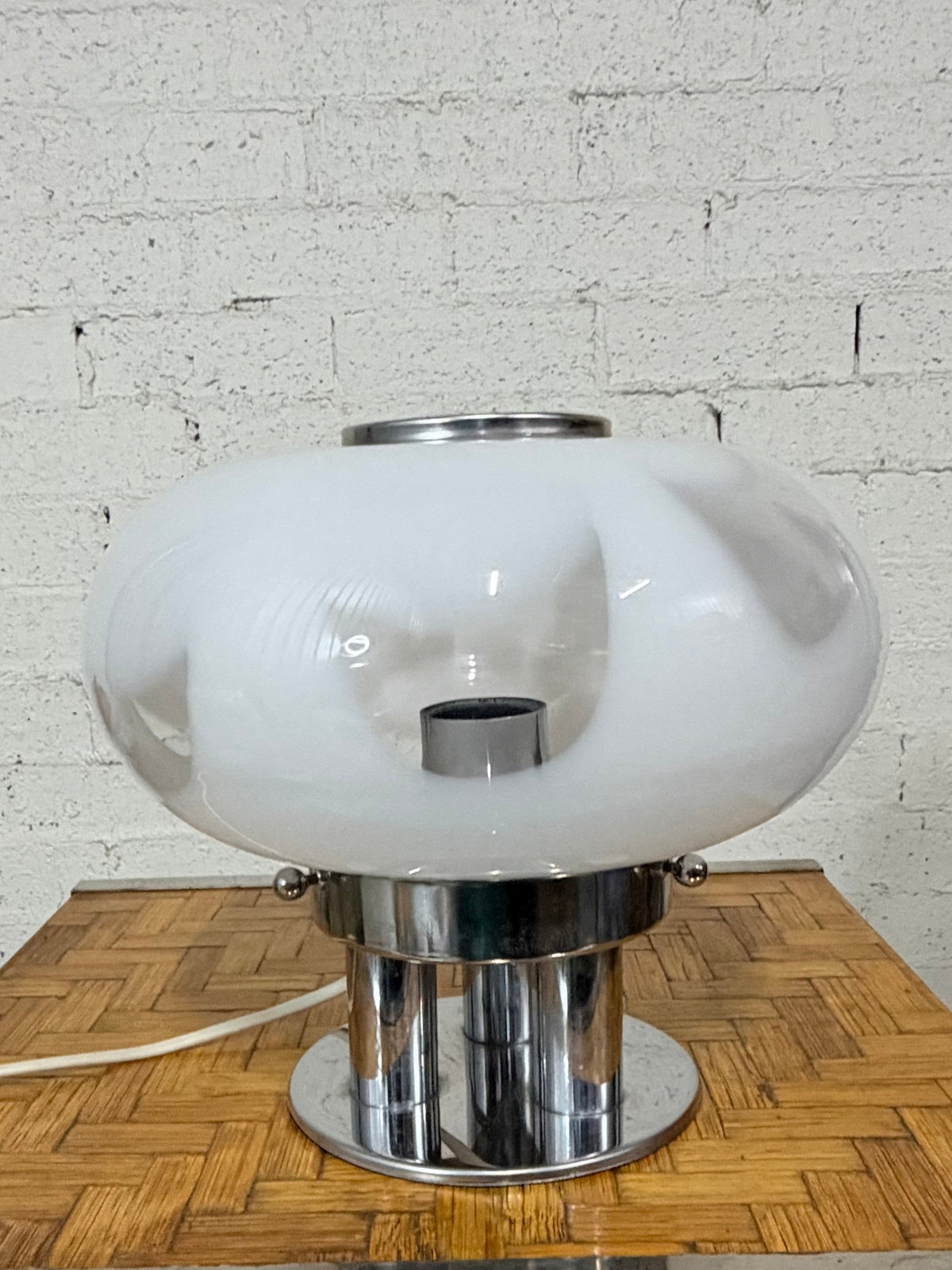 Murano Glass Table Lamp in the Manner of Carlo Nason for Mazzega, White and Clear Glass on Chrome, Italy, c.1970s