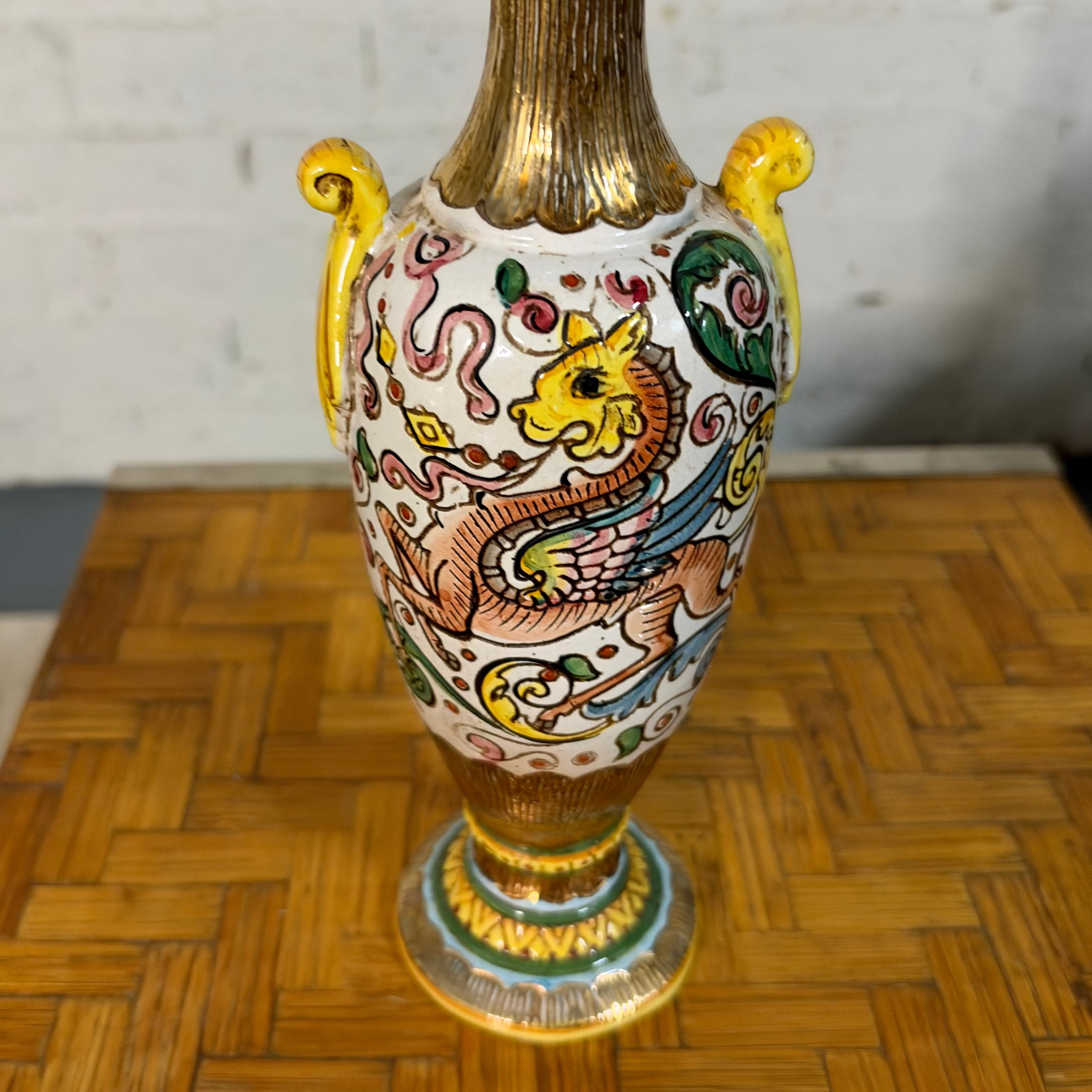 Maioliche Deruta Amphora Vase, Winged Griffin with Gilt Neck and Foot, Italy, c.1950s–1960s