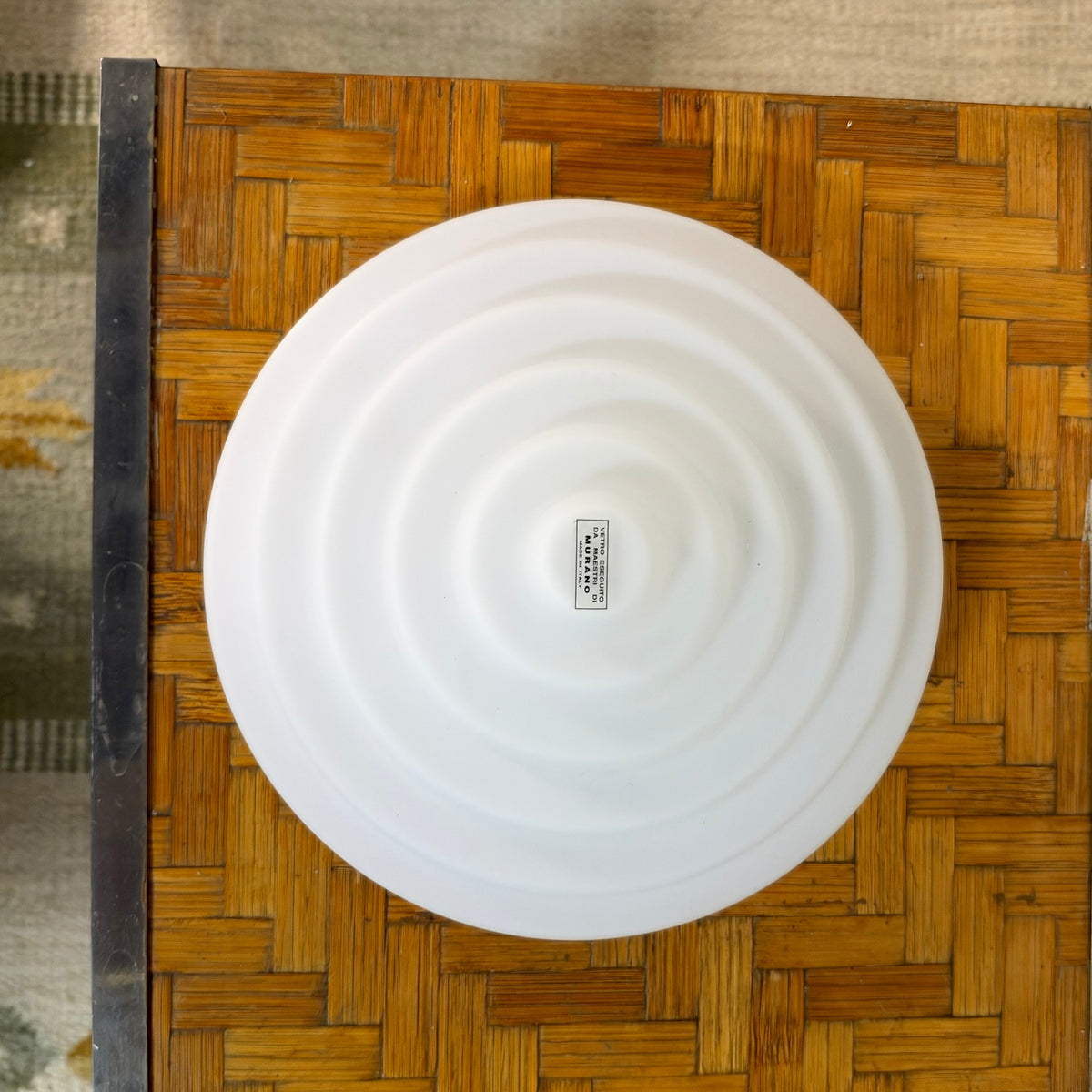 Murano Glass Flush Mount Ceiling Light, Stepped Satin White Glass, Italy, c.1980s