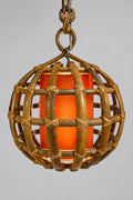 Italian Rattan and Bamboo Globe Pendant Light with Orange Paper Shade, Italy, c.1960s