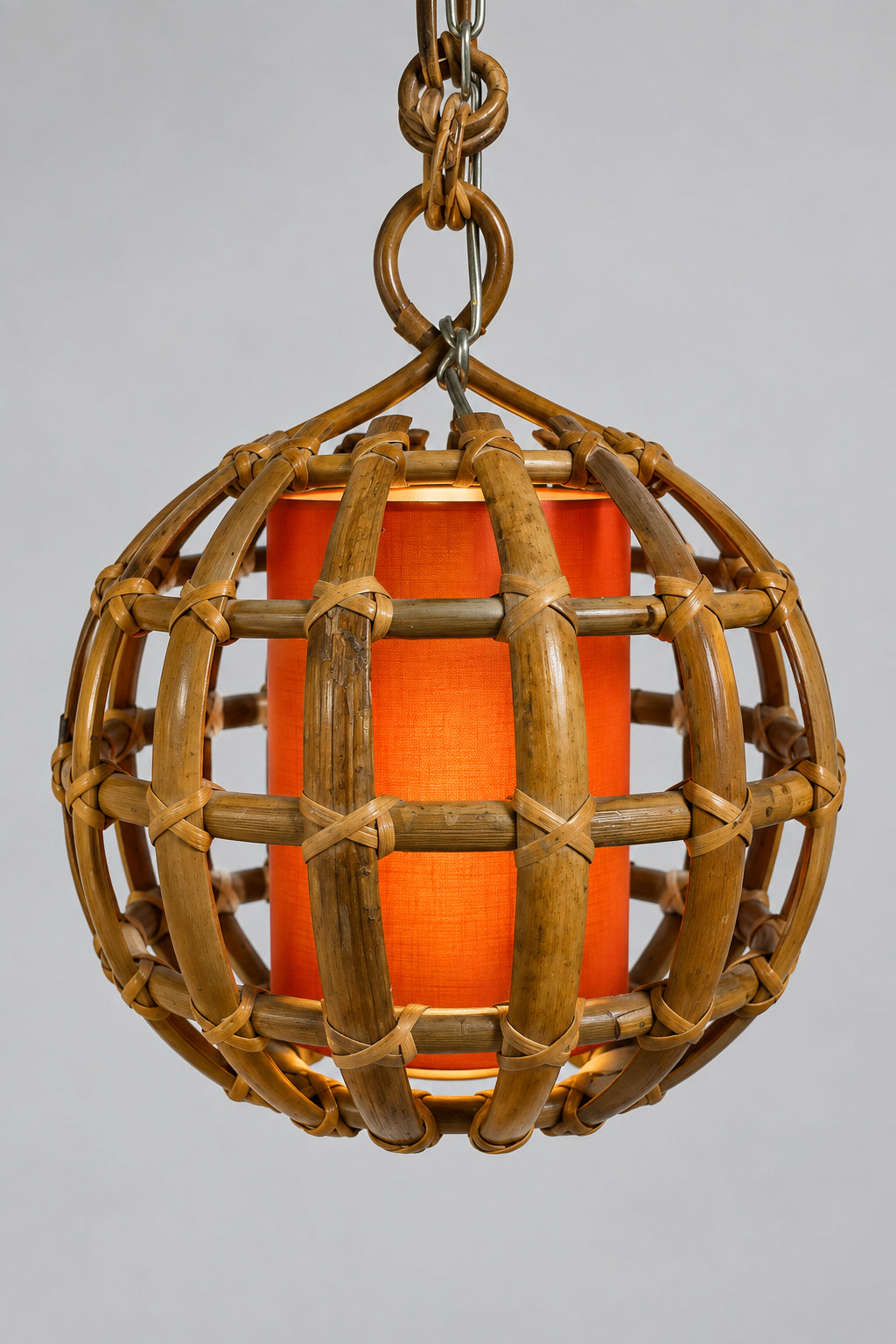 Italian Rattan and Bamboo Globe Pendant Light with Orange Paper Shade, Italy, c.1960s