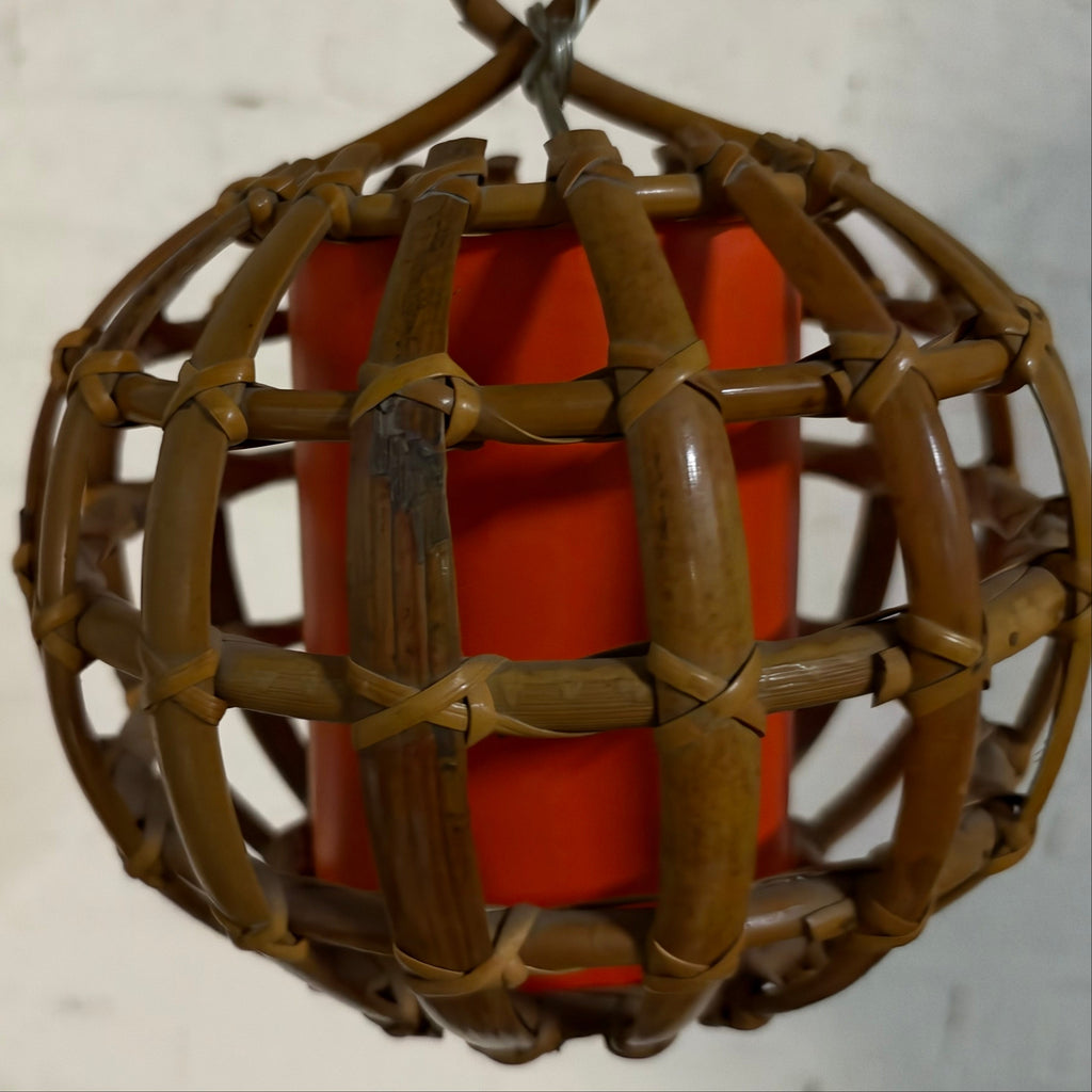 Italian Rattan and Bamboo Globe Pendant Light with Orange Paper Shade, Italy, c.1960s