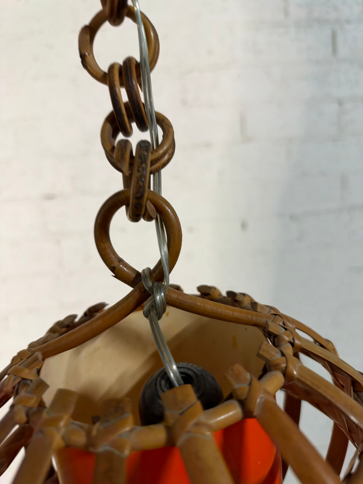 Italian Rattan and Bamboo Globe Pendant Light with Orange Paper Shade, Italy, c.1960s
