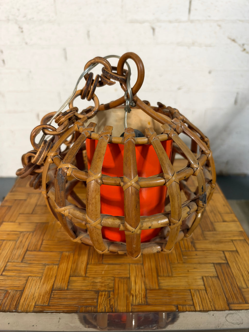 Italian Rattan and Bamboo Globe Pendant Light with Orange Paper Shade, Italy, c.1960s
