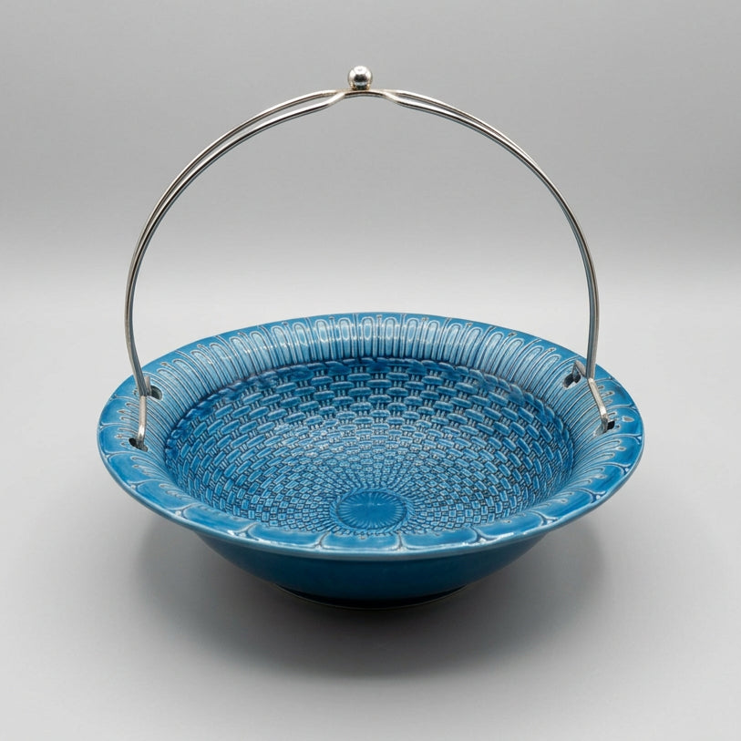 Basketweave Bowl with Chrome Handle, Deep Blue Glaze, Italy, c.1960s–1970s