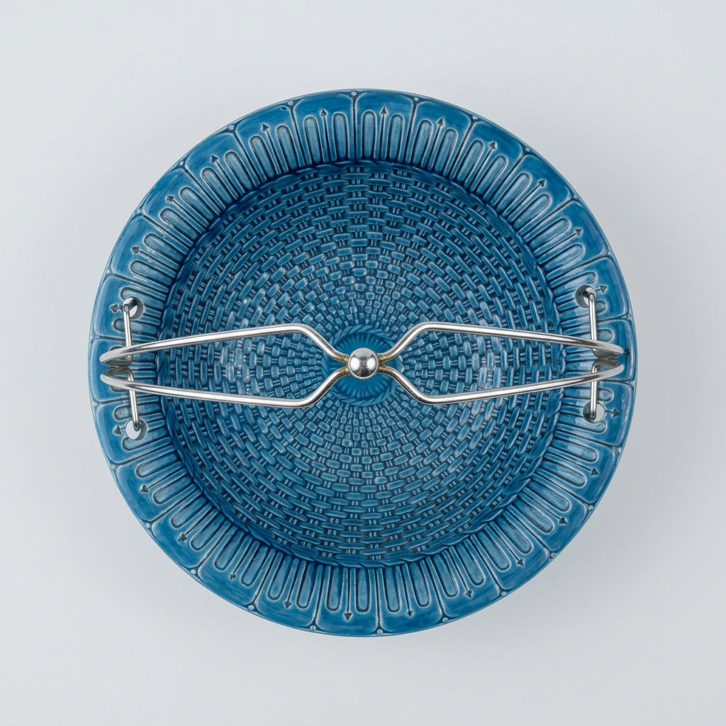 Basketweave Bowl with Chrome Handle, Deep Blue Glaze, Italy, c.1960s–1970s