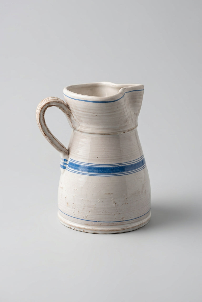 Hand-Thrown Ceramic Jug with Blue Bands, Puglia, Italy
