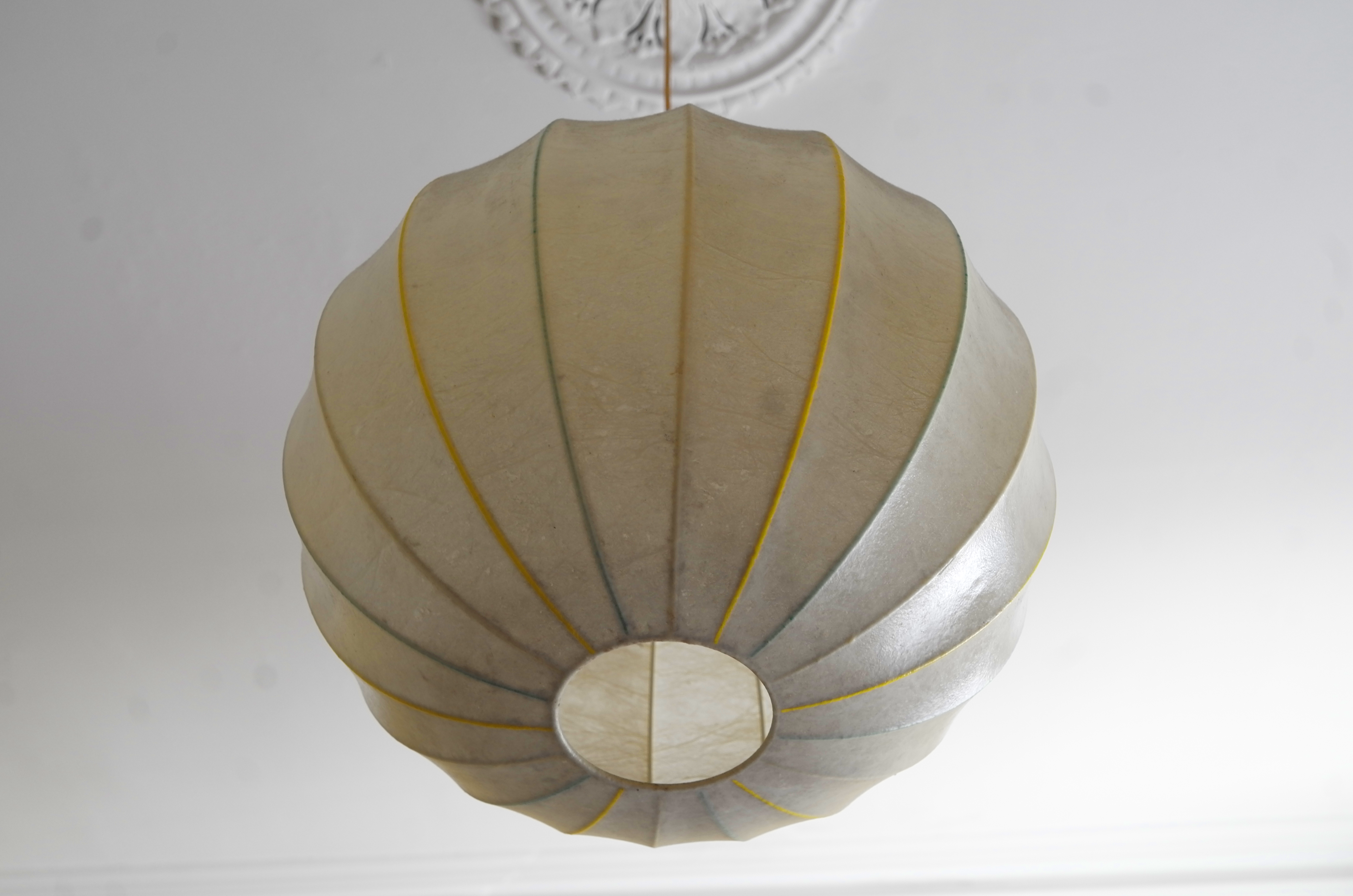 1970s Italian Cocoon Pendant with Yellow Stripes, rare Castiglioni Design