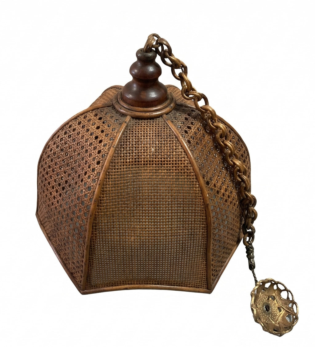 1960s Italian Woven Rattan Pendant with Wood Chain
