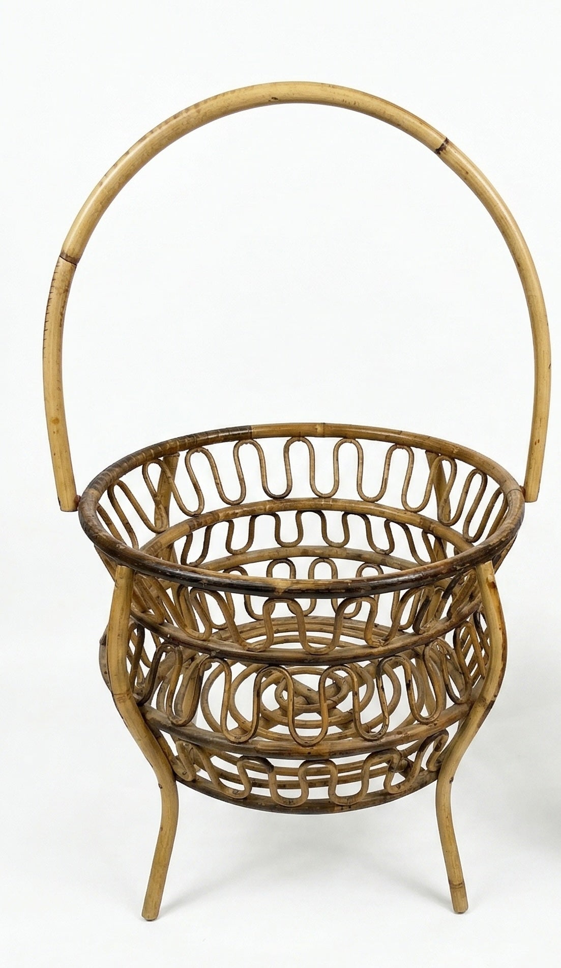 1960s Italian Rattan Basket with Looped Cane Detail and Arched Handle
