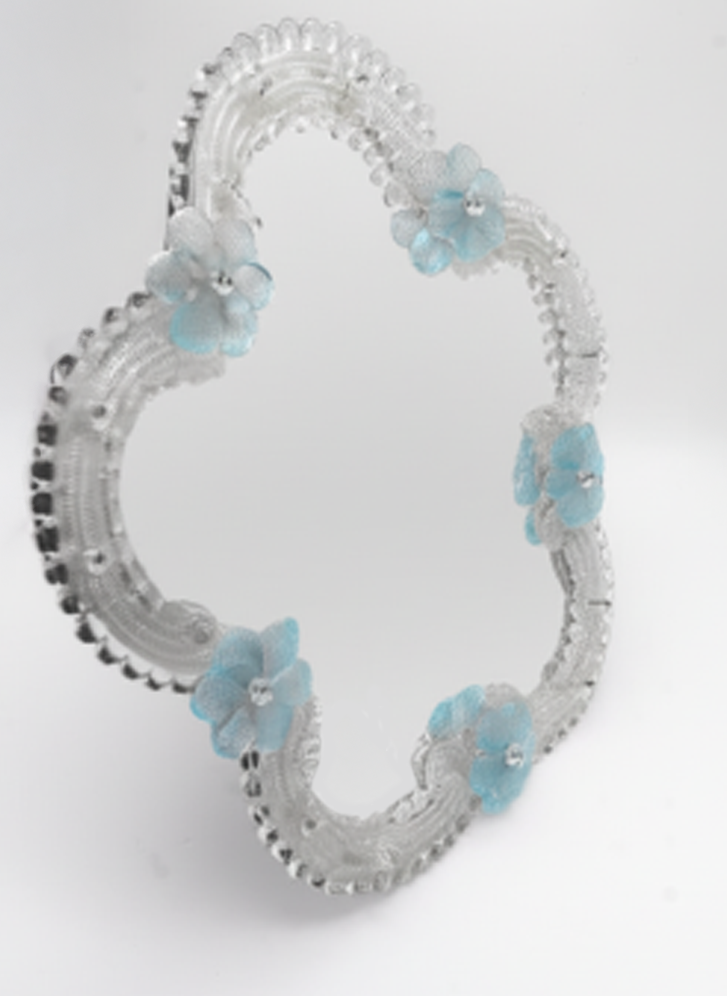 Murano Blue Glass Flowered Mirror, Italy, 1960s