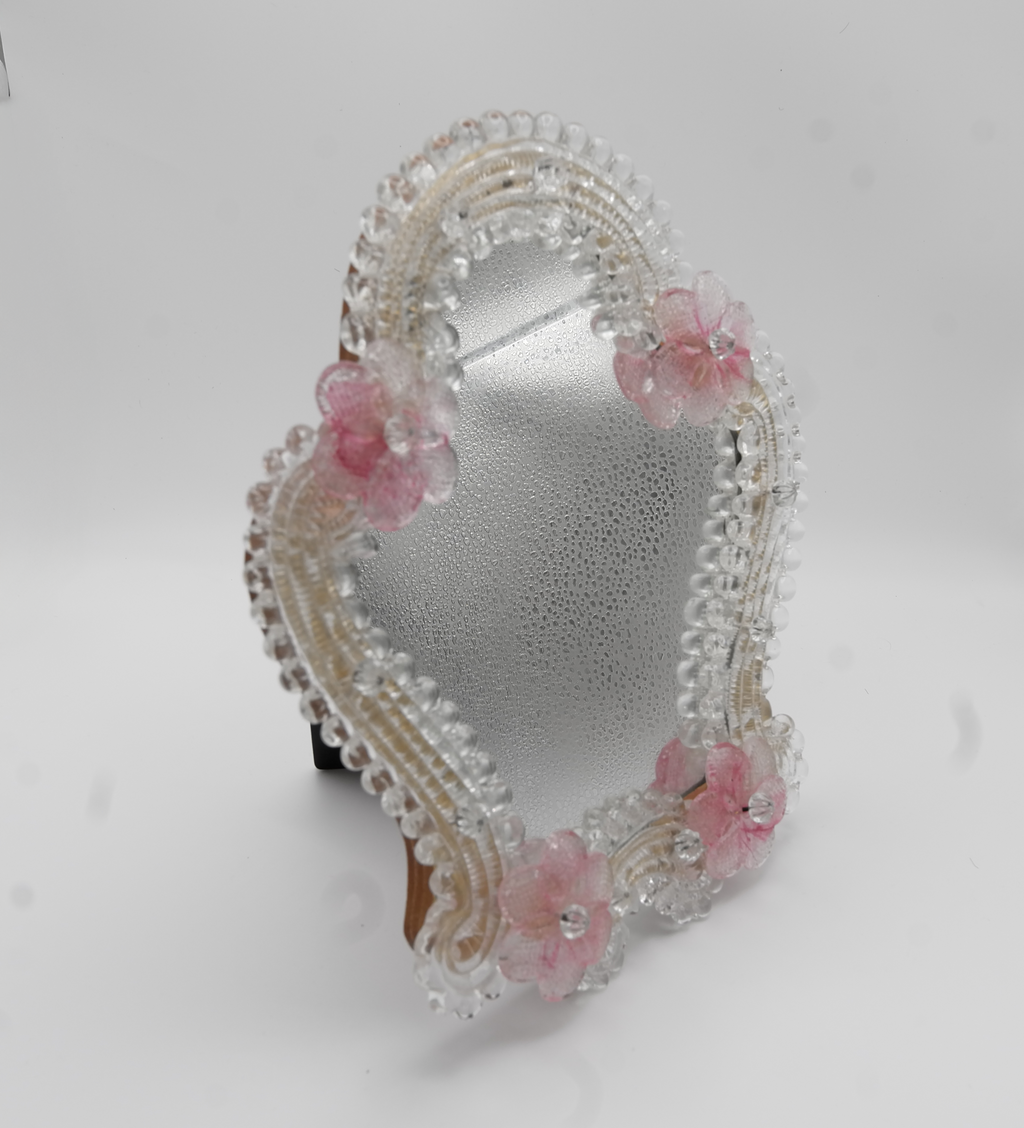 Murano Medium Pink Glass Flowered Mirror, Italy, 1960s