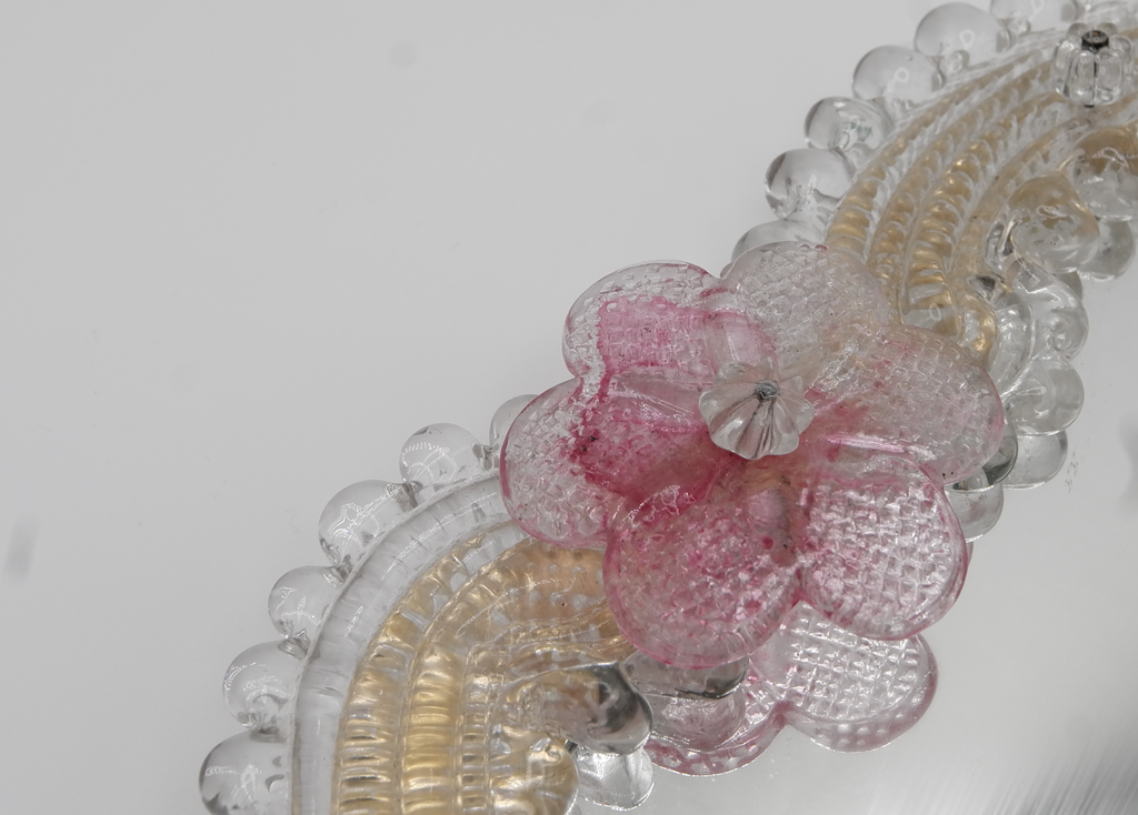 Murano Medium Pink Glass Flowered Mirror, Italy, 1960s