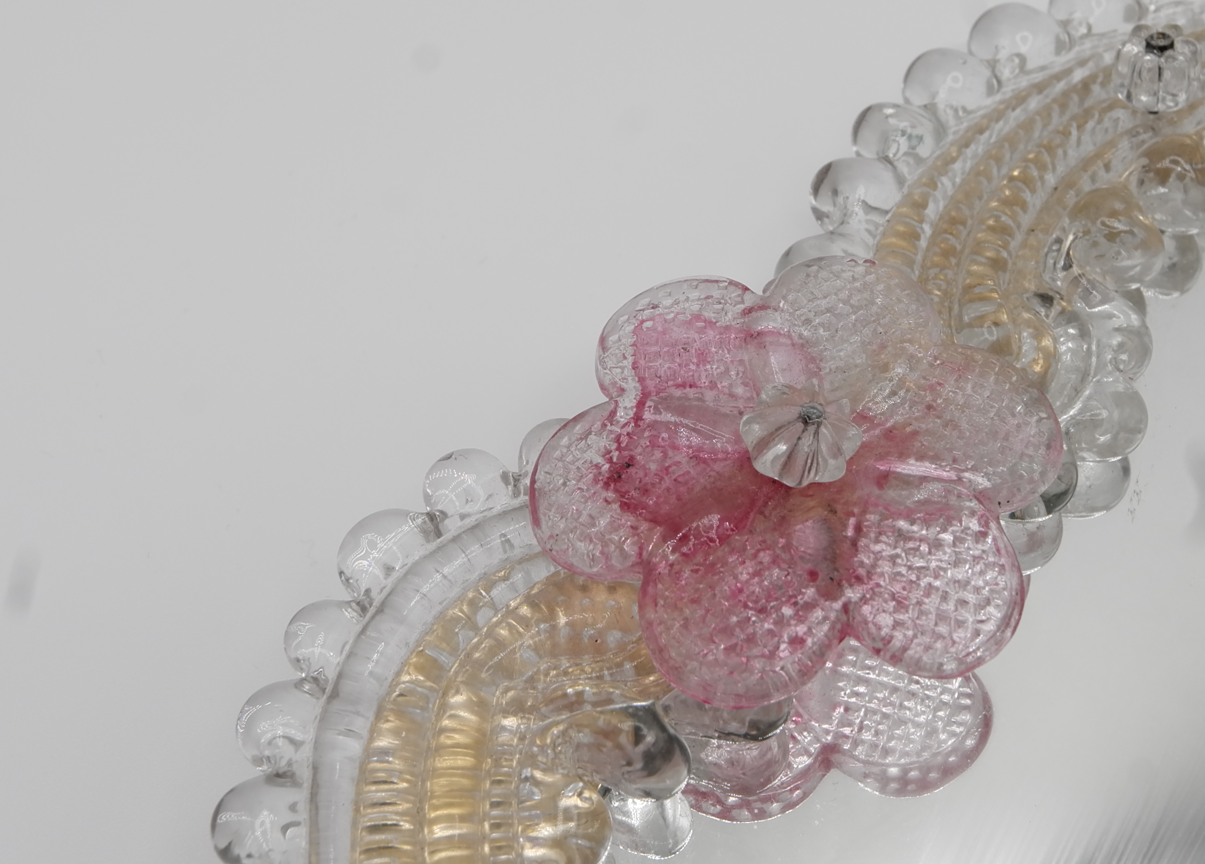 Murano Medium Pink Glass Flowered Mirror, Italy, 1960s