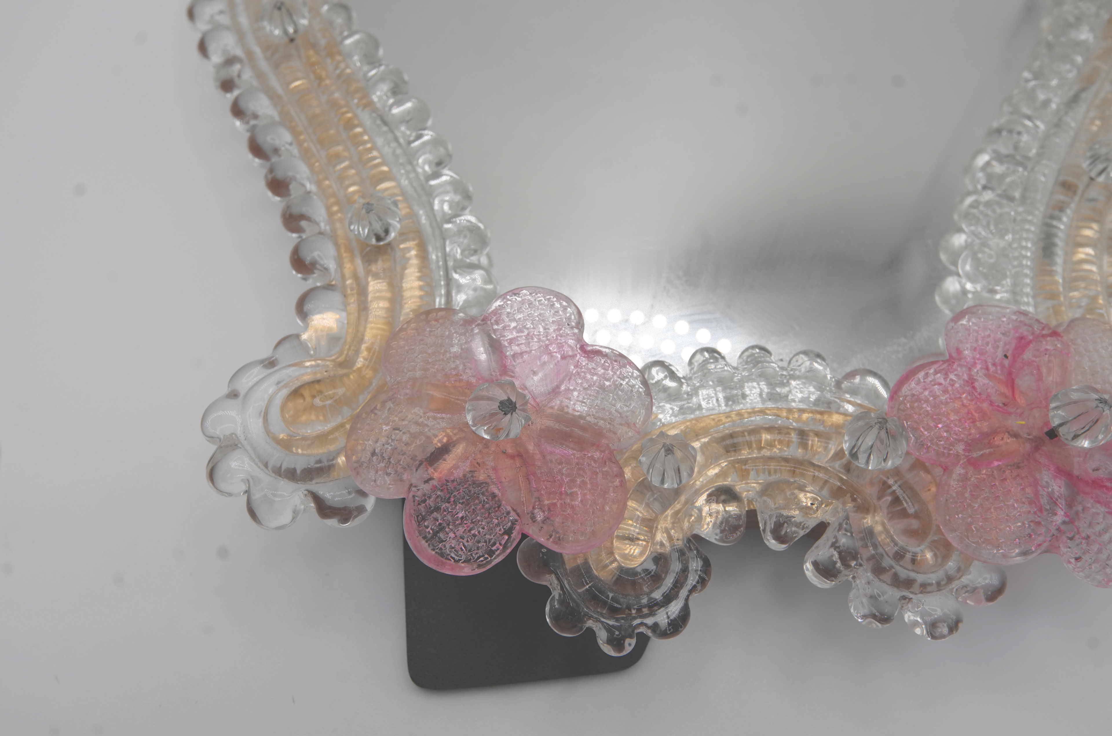 Murano Medium Pink Glass Flowered Mirror, Italy, 1960s